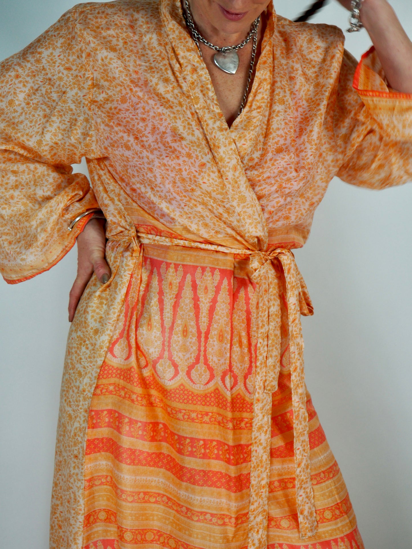 The Kardash Long Kimono – Up-cycled Vintage Sari long Kimono Robe with Waist Tie + Matching Scrunchy & Storage Bag