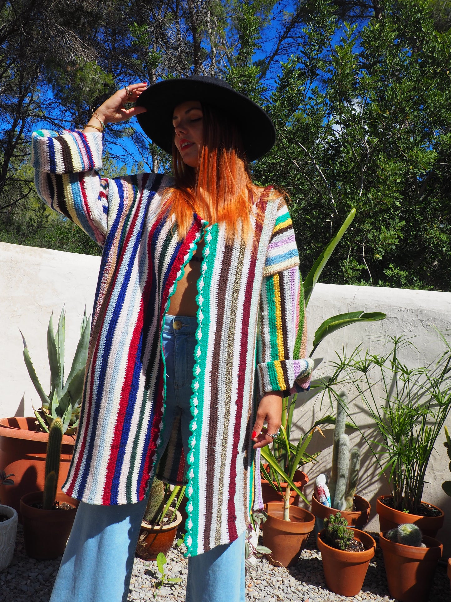 Vintage striped rainbow wool and cotton crochet jacket up-cycled by Vagabond Ibiza