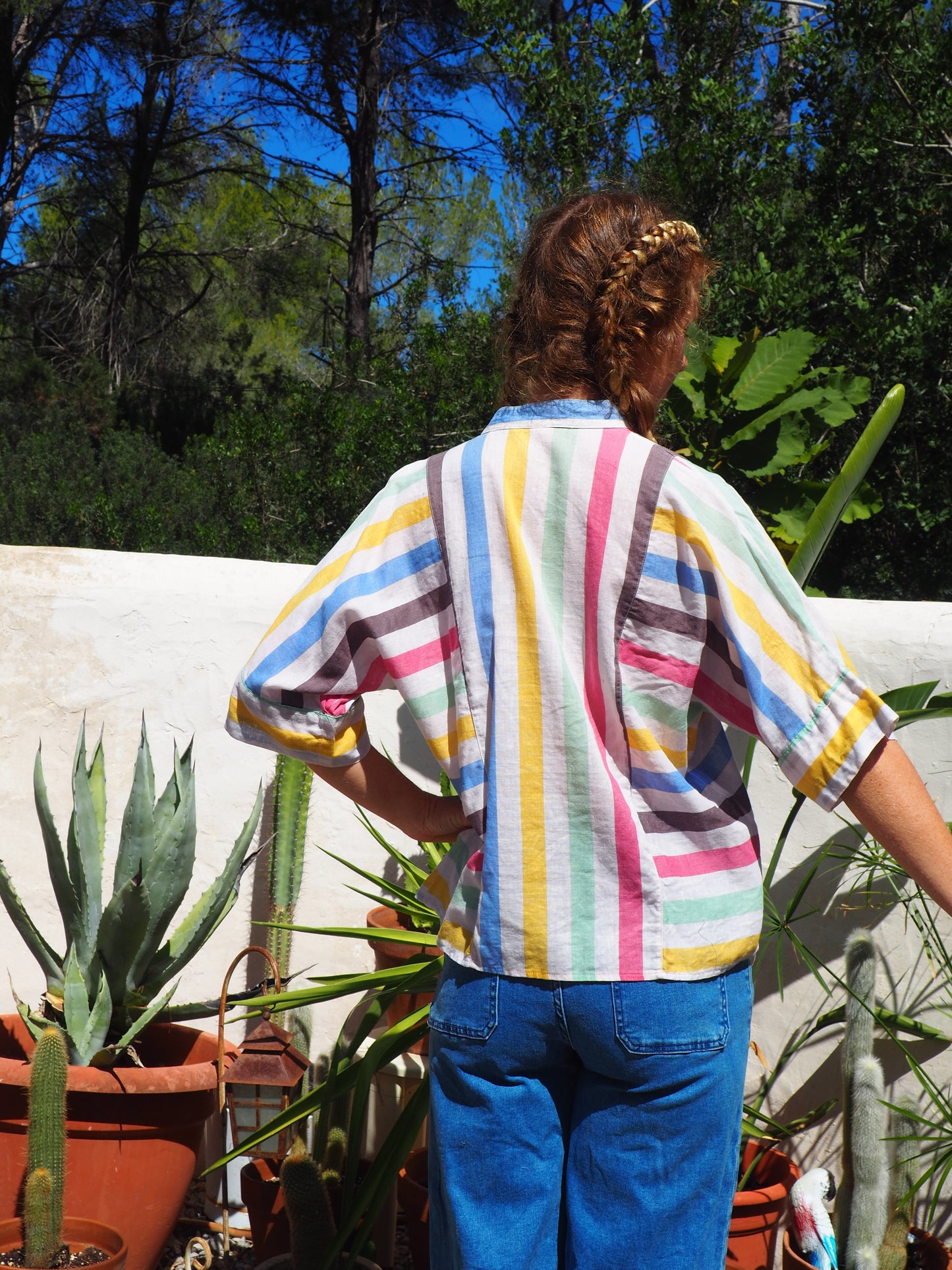 Vintage early 80’s fine cotton rainbow striped shirt with 80’s style sleeve details