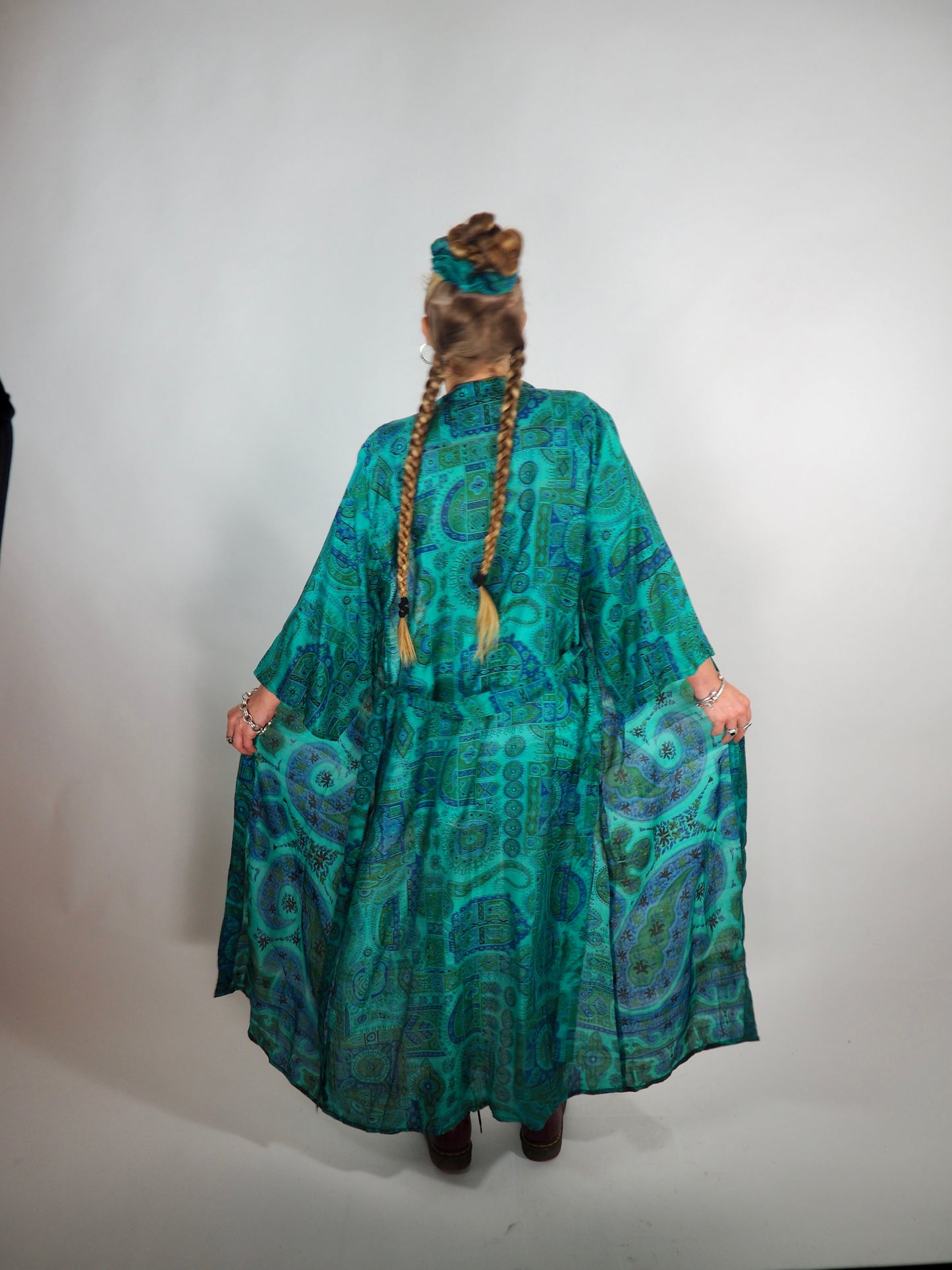 The Kardash Long Kimono – Up-cycled Vintage Sari long Kimono Robe with Waist Tie + Matching Scrunchy & Storage Bag