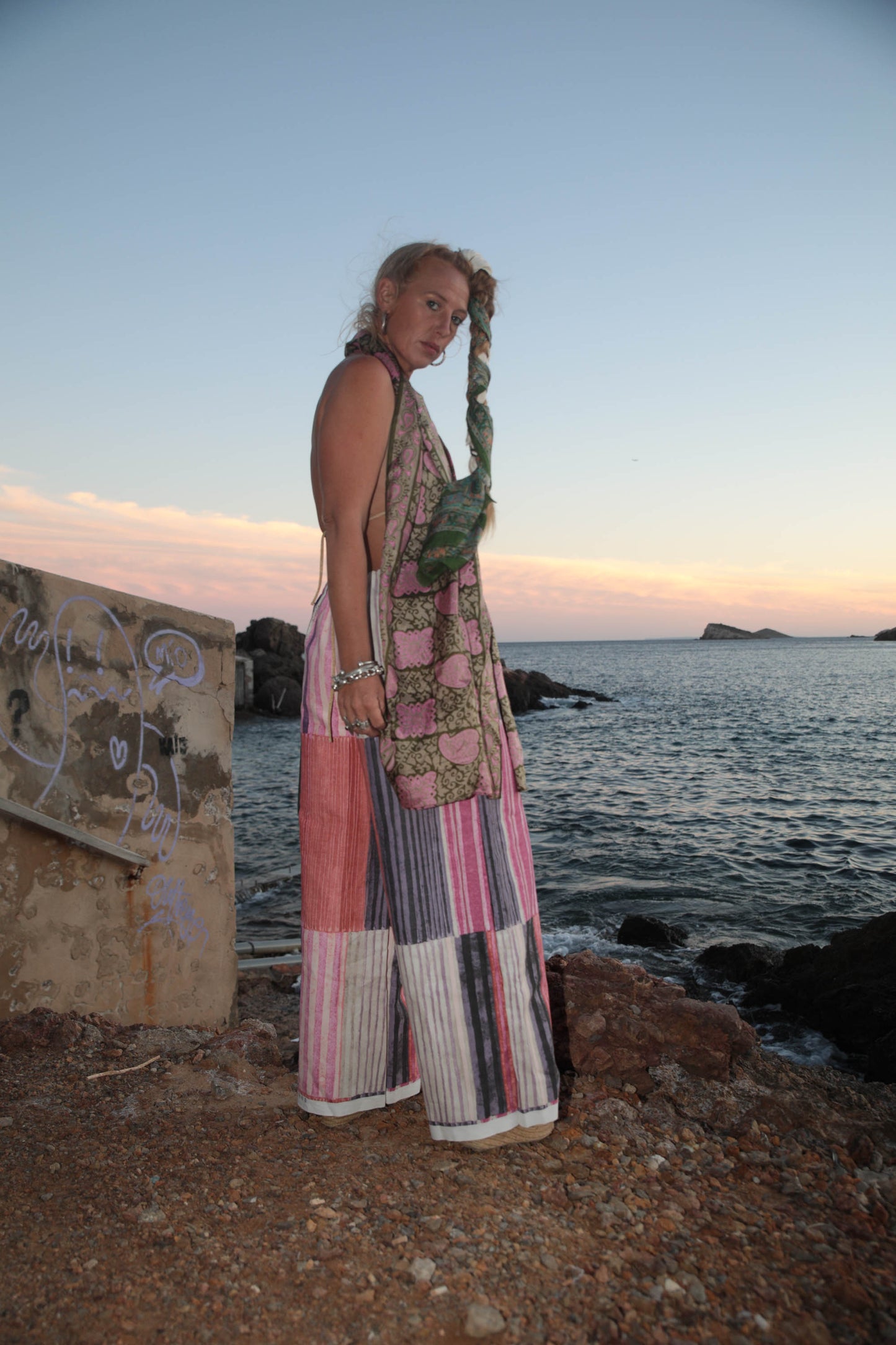 Up-cycled vintage cotton wide leg pants made by Vagabond Ibiza with pink painted design