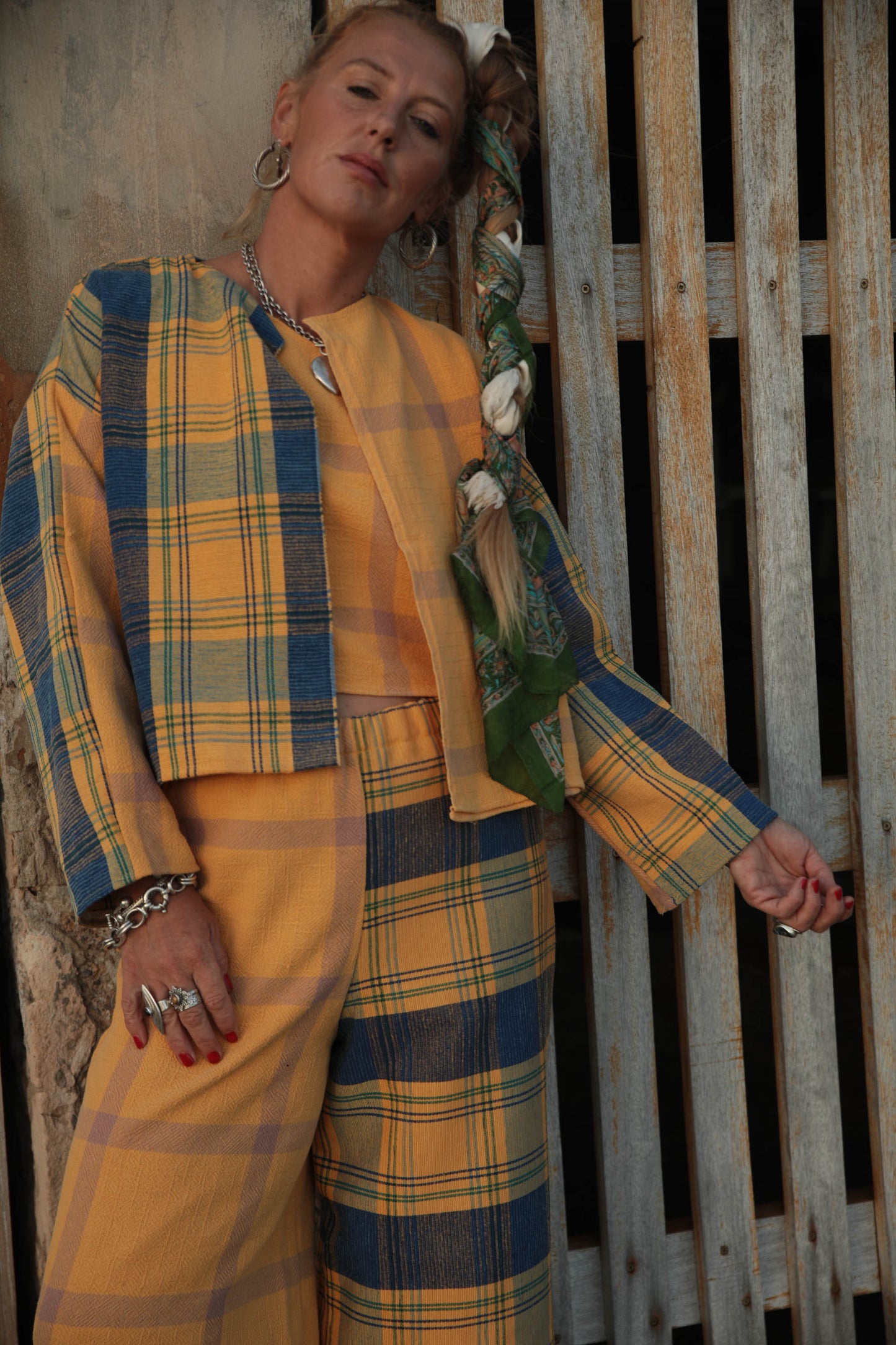 Up-cycled vintage cotton 3 piece set top and pants and short jackets set made from vintage textiles patch together with a yellow and blue checked design.