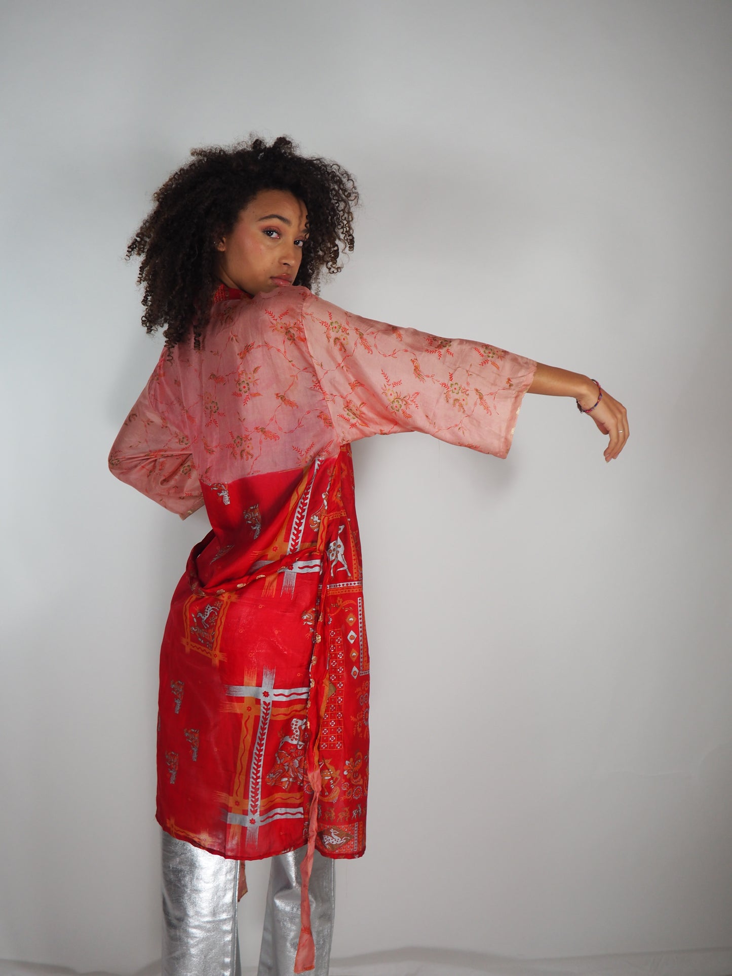 The Kardash Medium-Length Kimono – Up-cycled Vintage Sari Sustainable Kimono Jacket with Waist Tie + Matching Scrunchy & Storage Bag