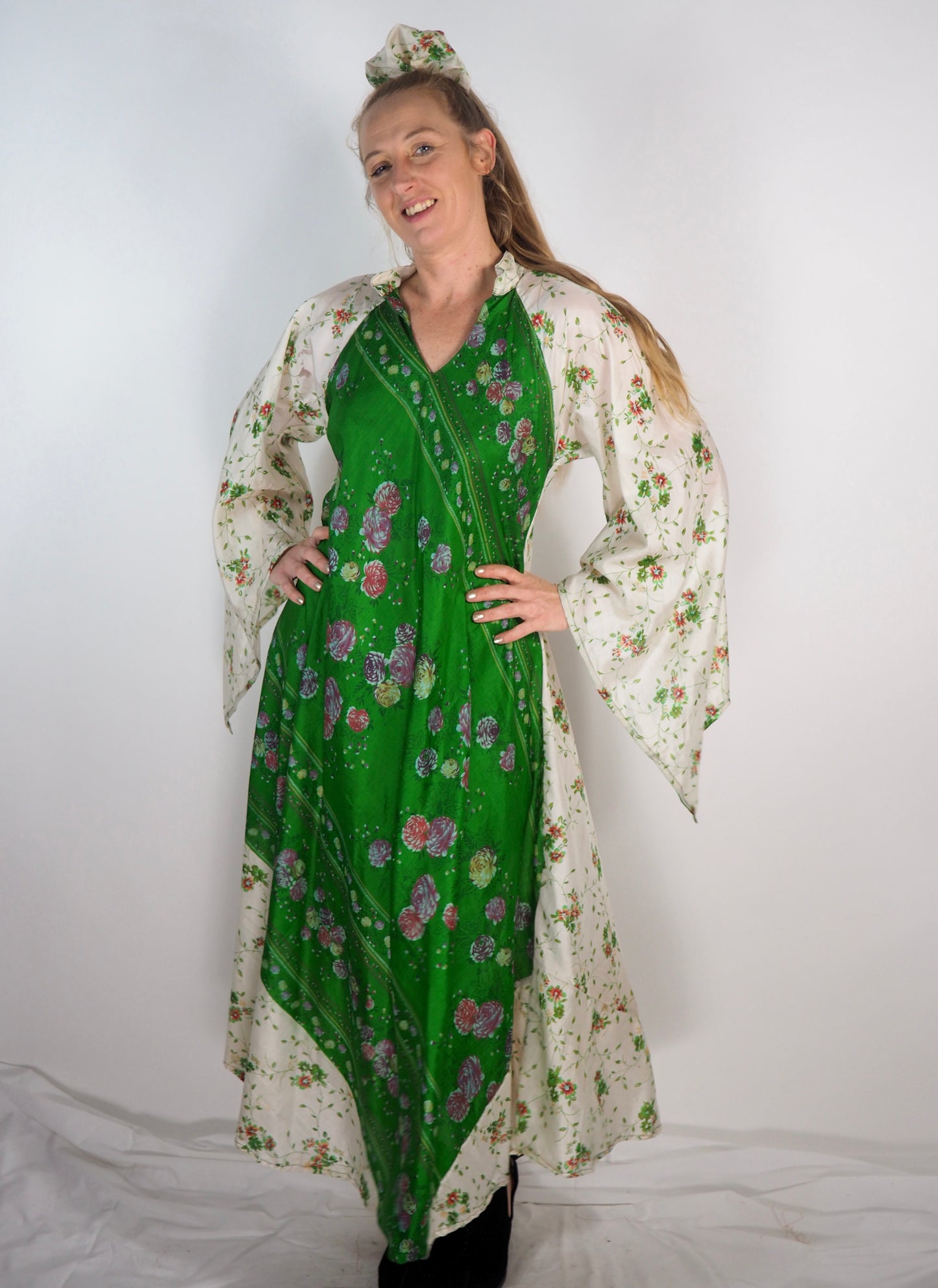 The Diamond Bias-Cut Maxi Dress – Up-cycled Vintage Sari Sustainable Dress with angel Sleeves + Matching Scrunchy & Bag