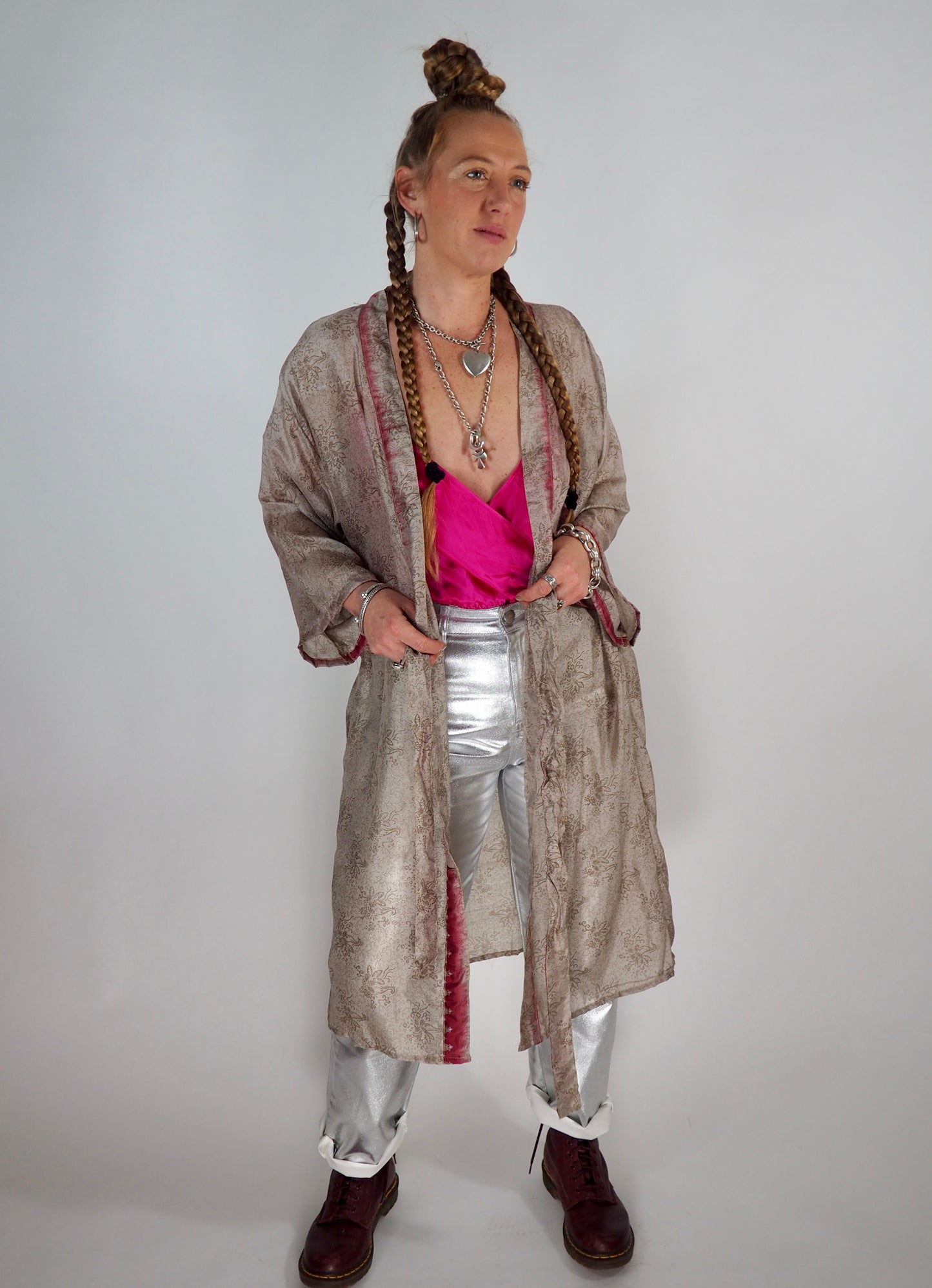 The Kardash Medium-Length Kimono – Up-cycled Vintage Sari Kimono Jacket with Waist Tie + Matching Scrunchy & Storage Bag