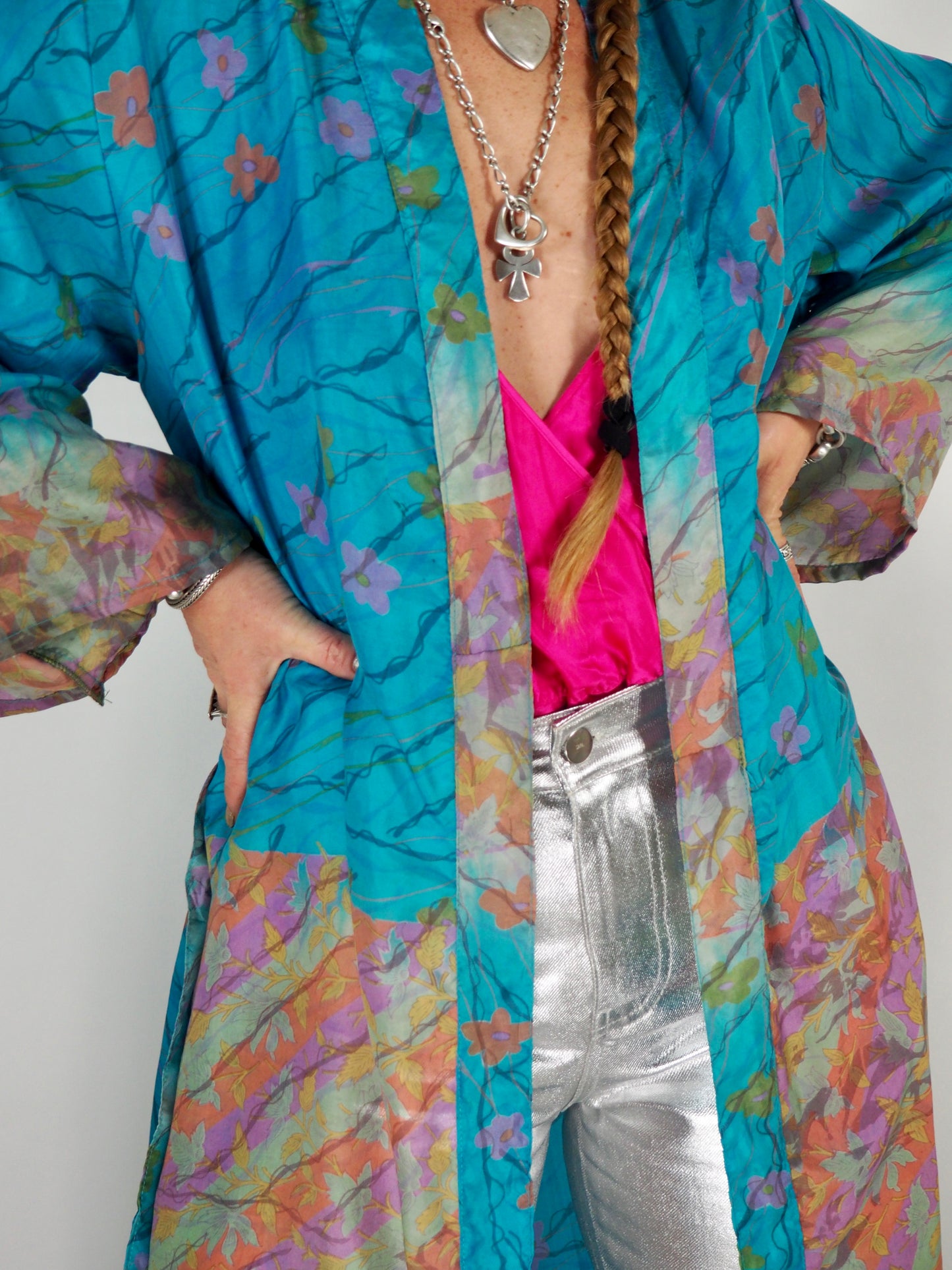 The Kardash Long Kimono – Up-cycled Vintage Sari long Kimono Robe with Waist Tie + Matching Scrunchy & Storage Bag