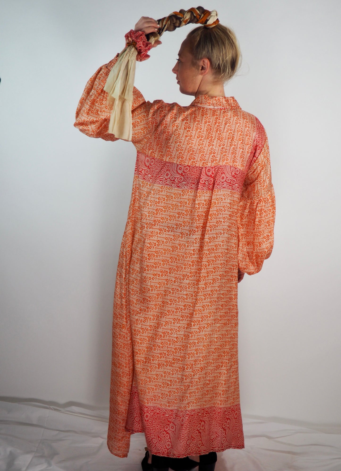 The Lenya Up-cycled Vintage Sari Dress – Sustainable Boho Dress with Oversized Sleeves Matching Scrunchy & Storage Bag