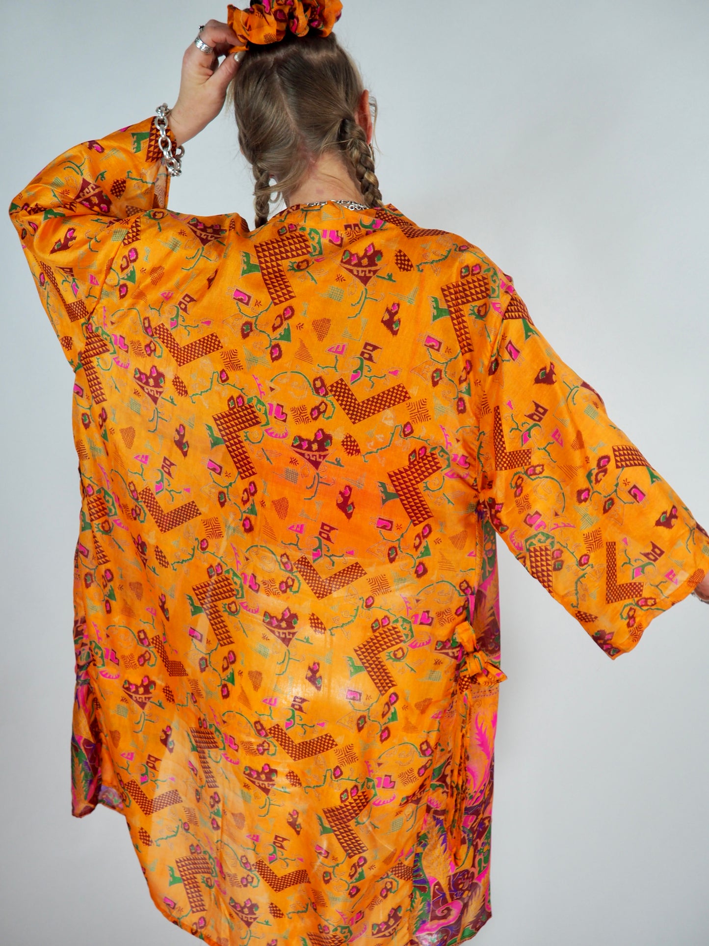 The Kardash Medium-Length Kimono – Up-cycled Vintage Sari Kimono Jacket with Waist Tie + Matching Scrunchy & Storage Bag