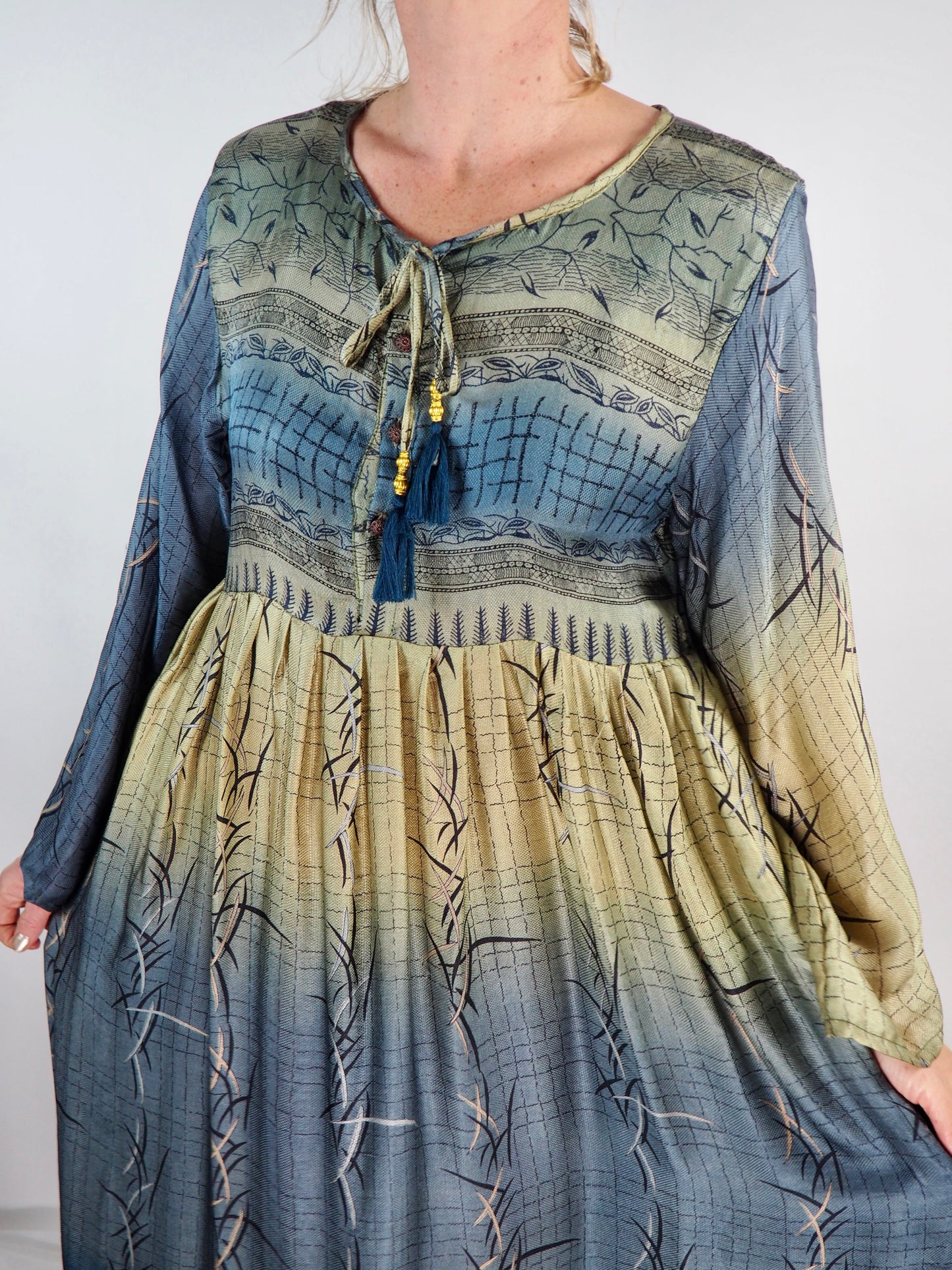 The Vadella Up-cycled Vintage Re-cycled Sari Maxi Dress – Sustainable Boho Dress with Tie Neck Detail + Matching Scrunchy & Bag