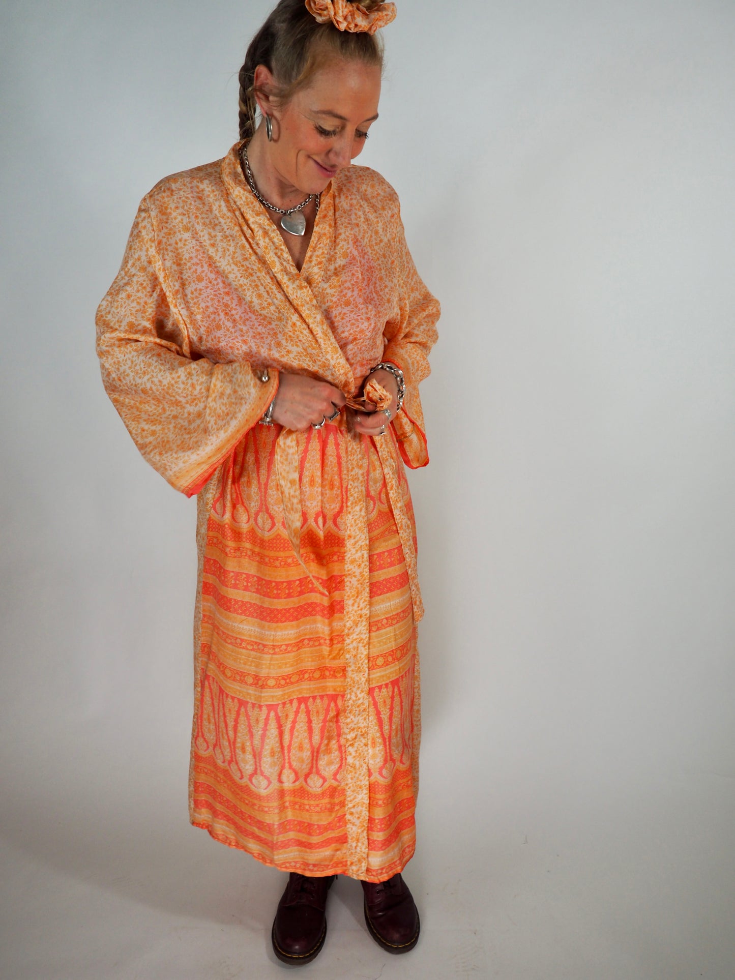 The Kardash Long Kimono – Up-cycled Vintage Sari long Kimono Robe with Waist Tie + Matching Scrunchy & Storage Bag