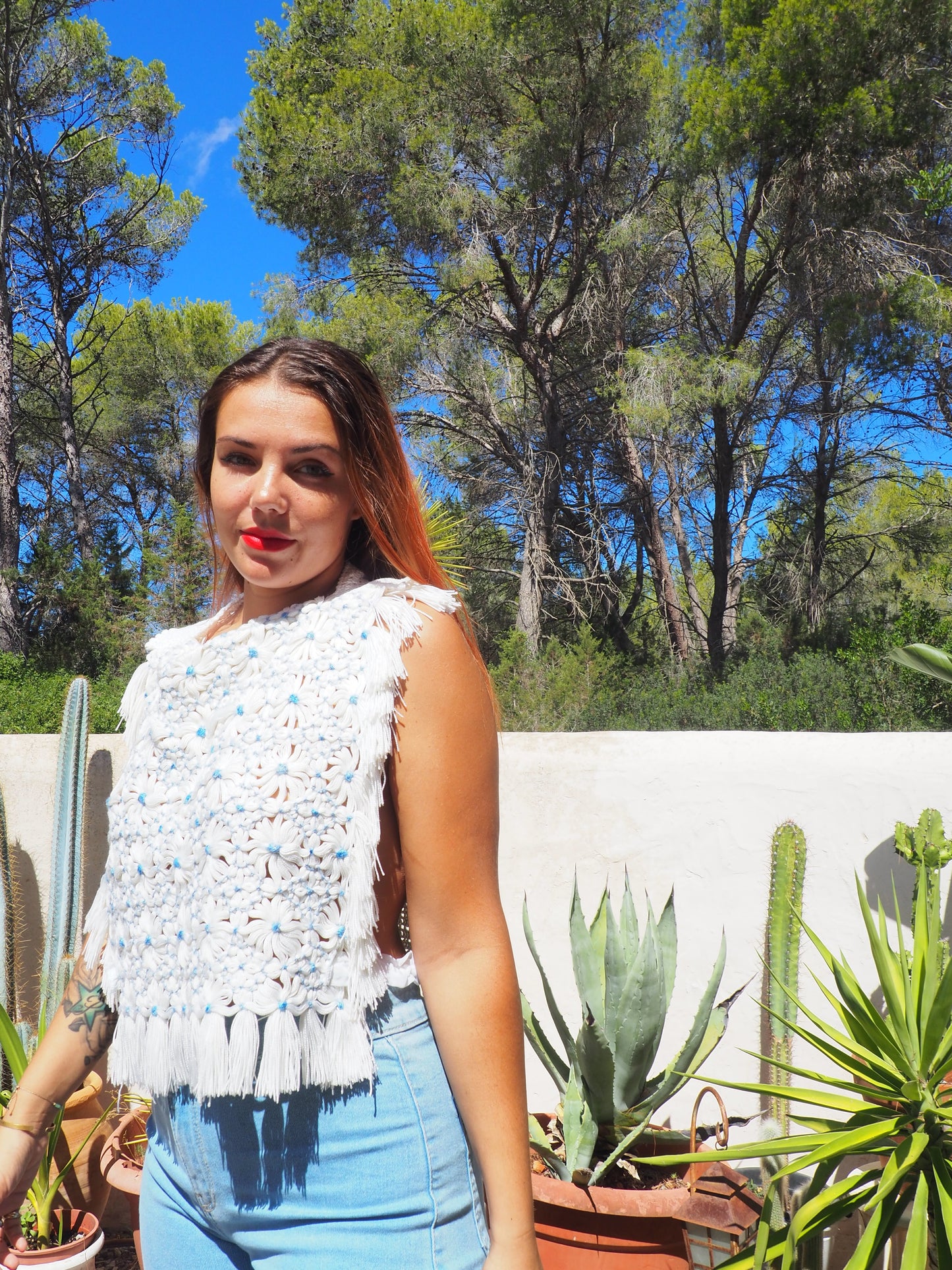 Reversals up-cycled white and baby blue crochet top by Vagabond Ibiza