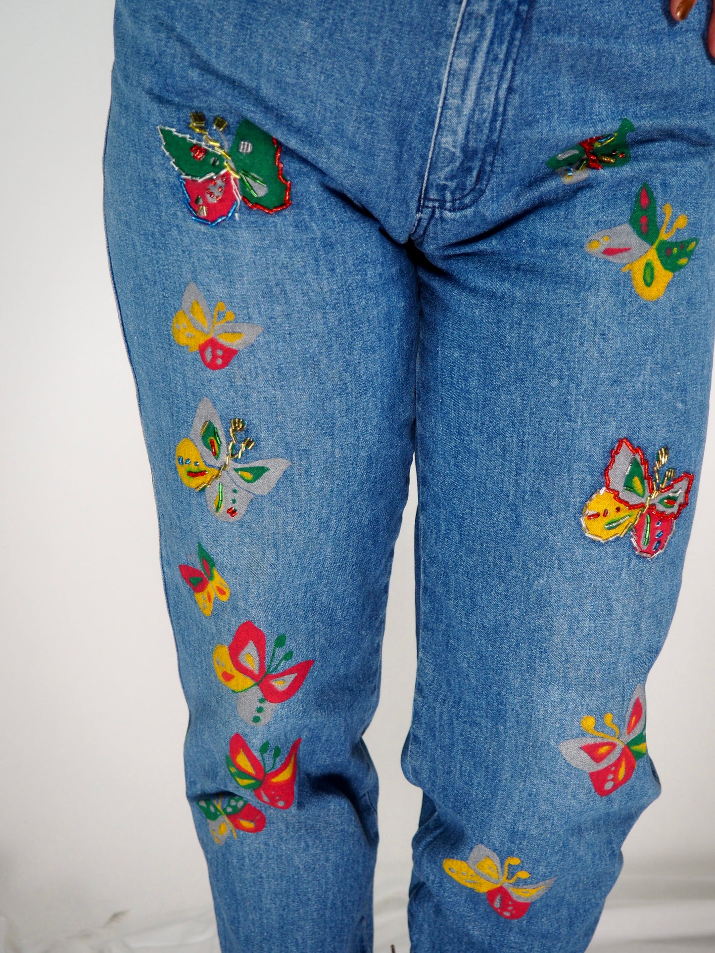 Vintage 1980s Hand-Painted and Beaded Denim Jeans