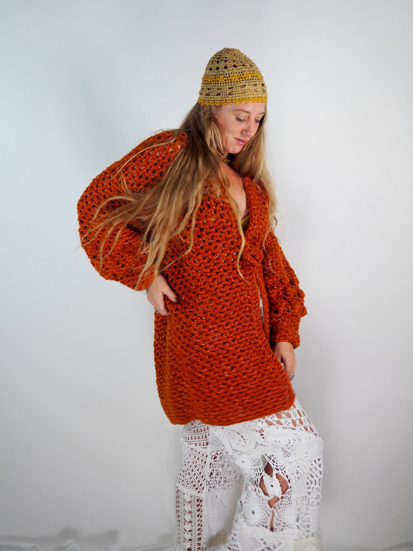 Introducing the Handmade Chunky Oversized Sleeve Sparkly Orange Cardigan