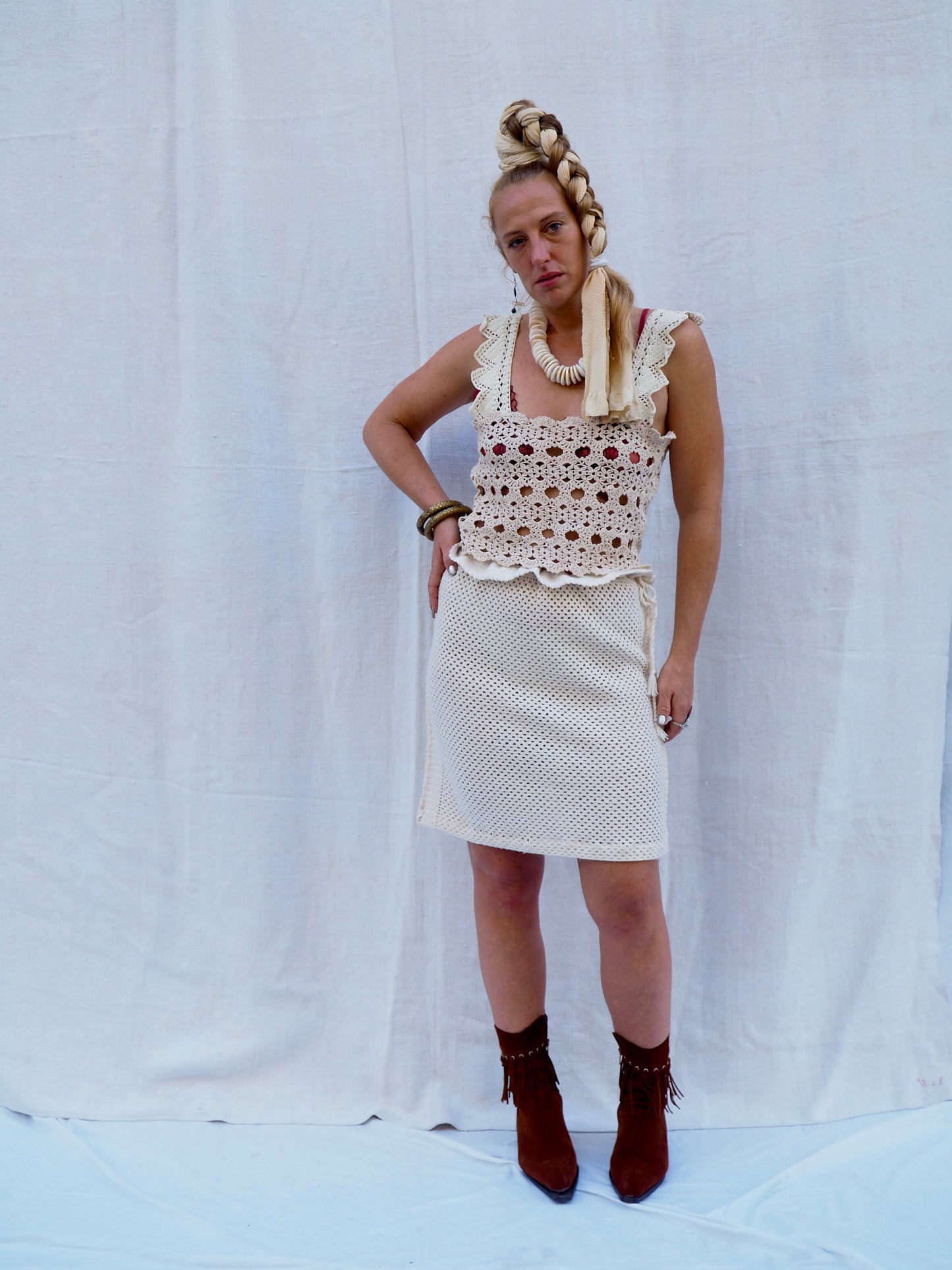 Up-cycled Vintage 1970s Crochet Skirt with Drawstring Waist – Handmade by Vagabond Ibiza