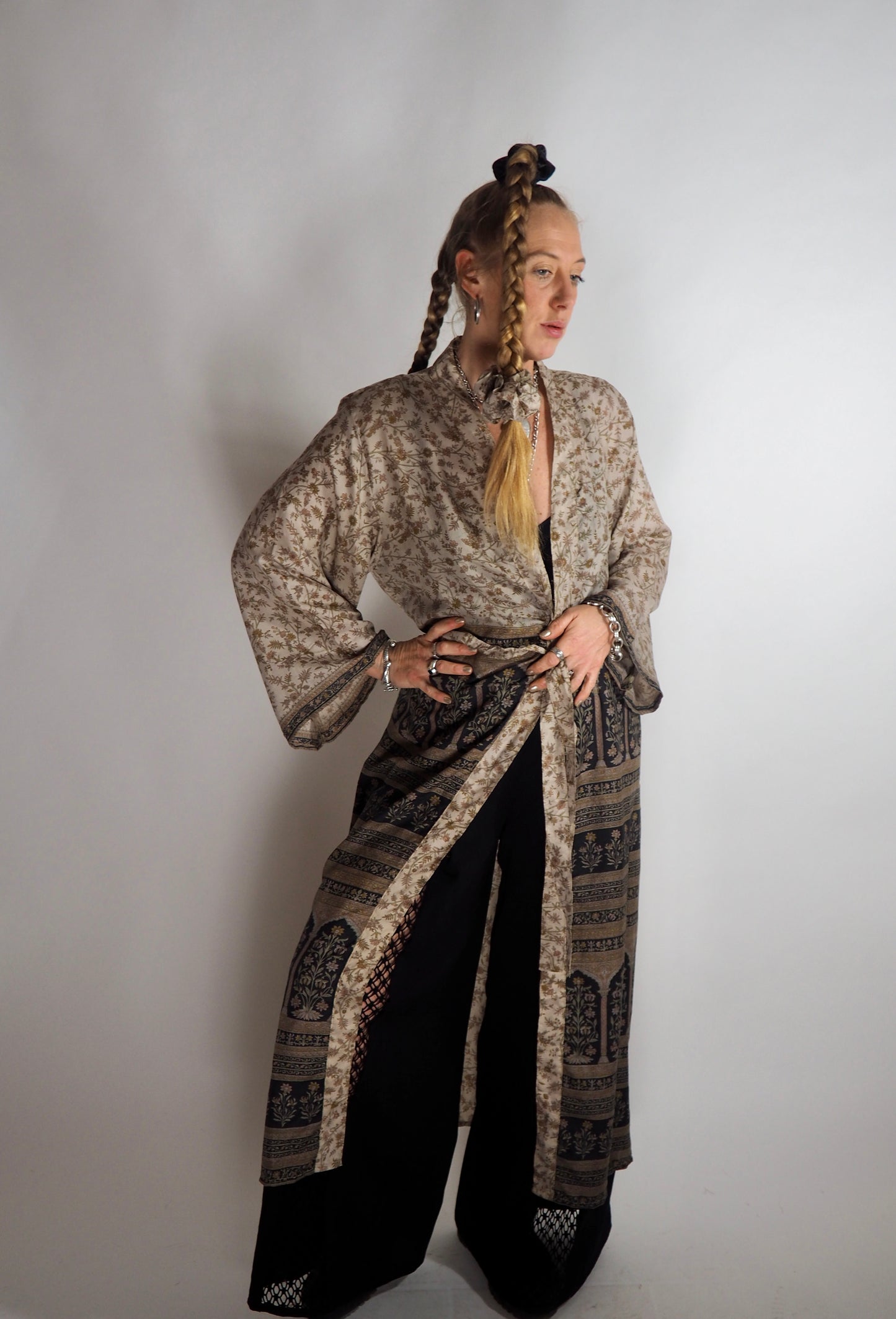 The Kardash Long Kimono – Up-cycled Vintage Sari long Kimono Robe with Waist Tie + Matching Scrunchy & Storage Bag