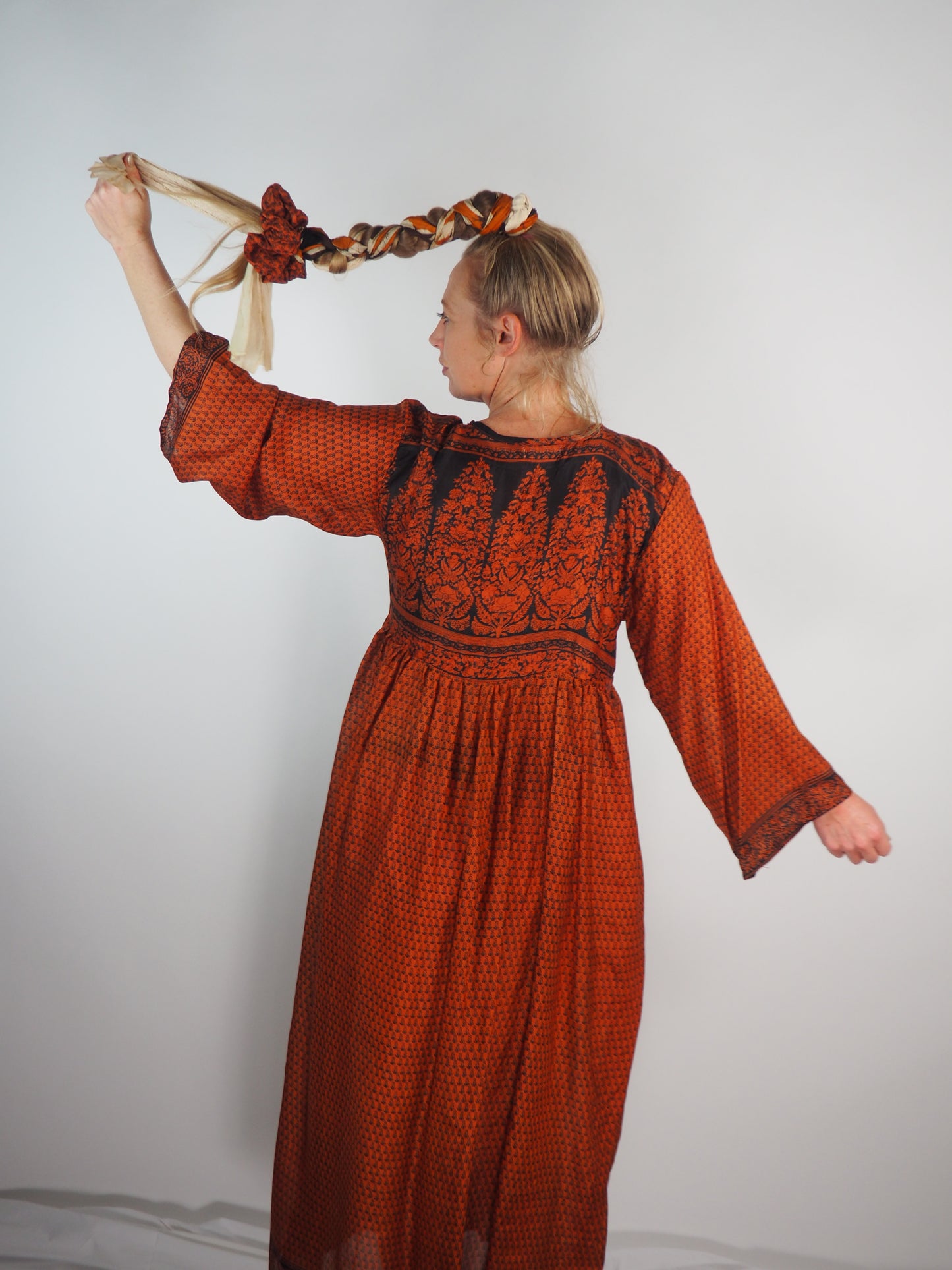 The Vadella Up-cycled Vintage Re-cycled Sari Maxi Dress – Sustainable Boho Dress with Tie Neck Detail + Matching Scrunchy & Bag