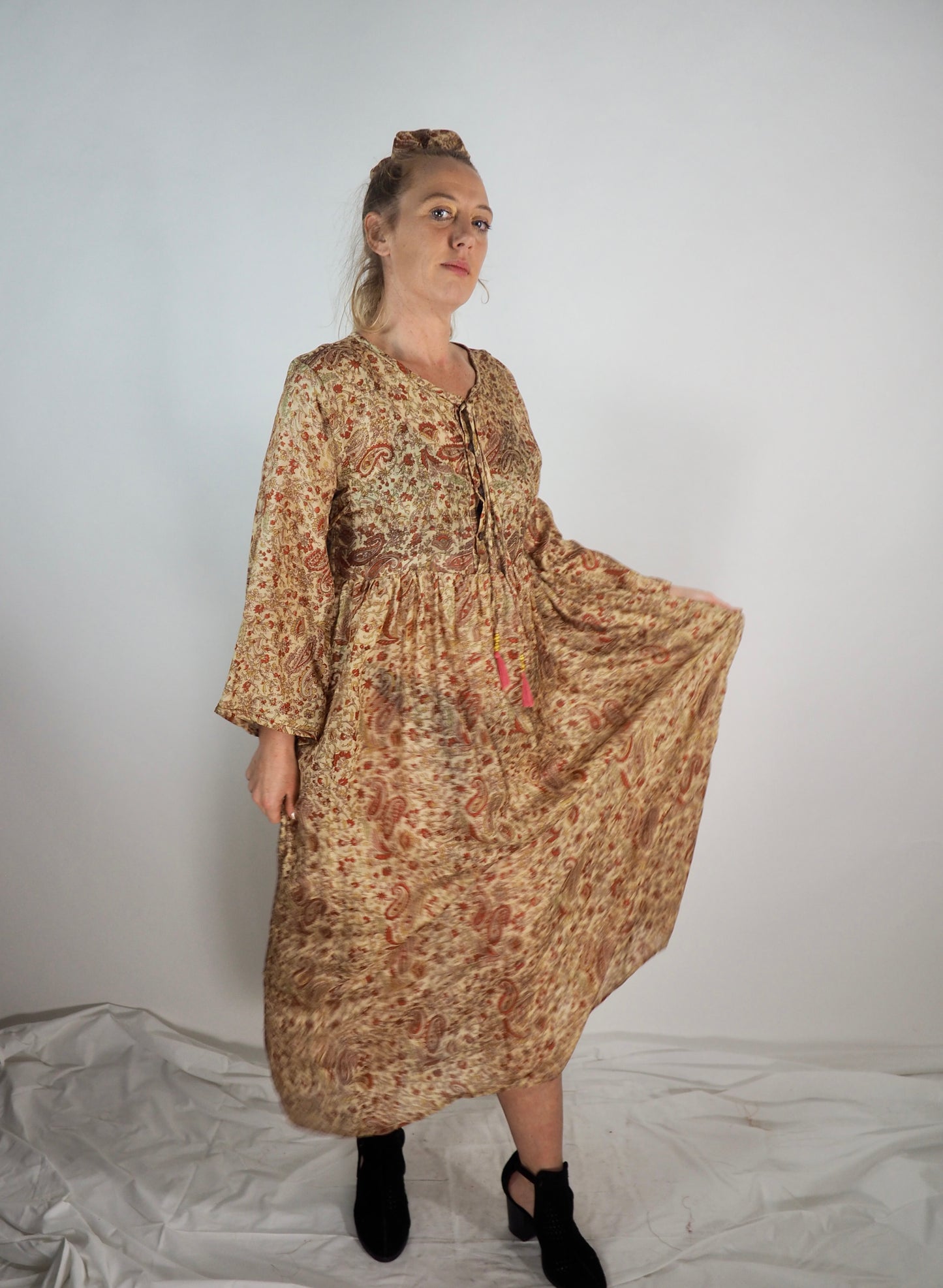 The Vadella Up-cycled Vintage Re-cycled Sari Maxi Dress – Sustainable Boho Dress with Tie Neck Detail + Matching Scrunchy & Bag