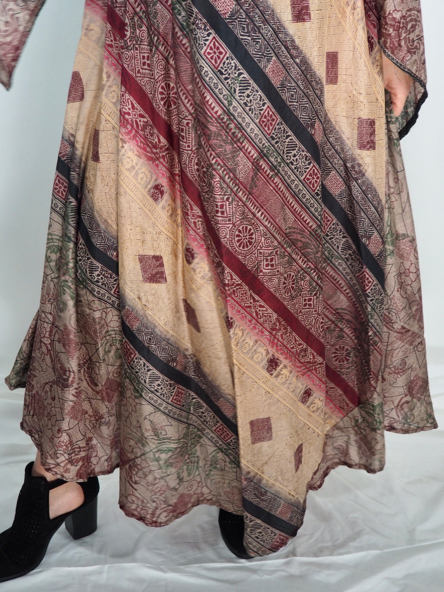 The Diamond Bias-Cut Maxi Dress – Up-cycled Vintage Sari Sustainable Dress with angel Sleeves + Matching Scrunchy & Bag