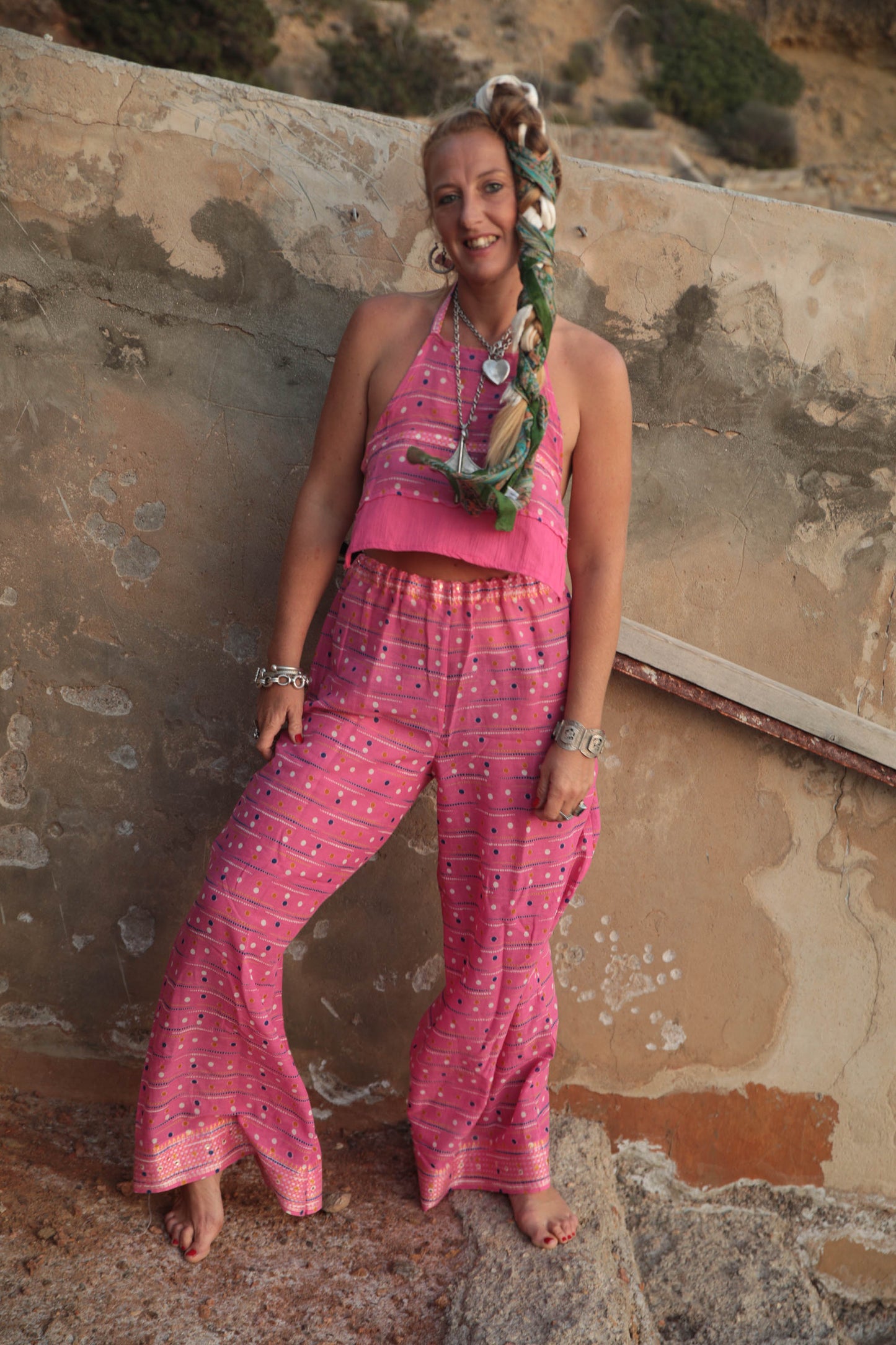 Up-cycled vintage cotton 2 piece set tie top and pants in super thin lightweight pink printed cotton perfect for beach days and vibes around Ibiza town.