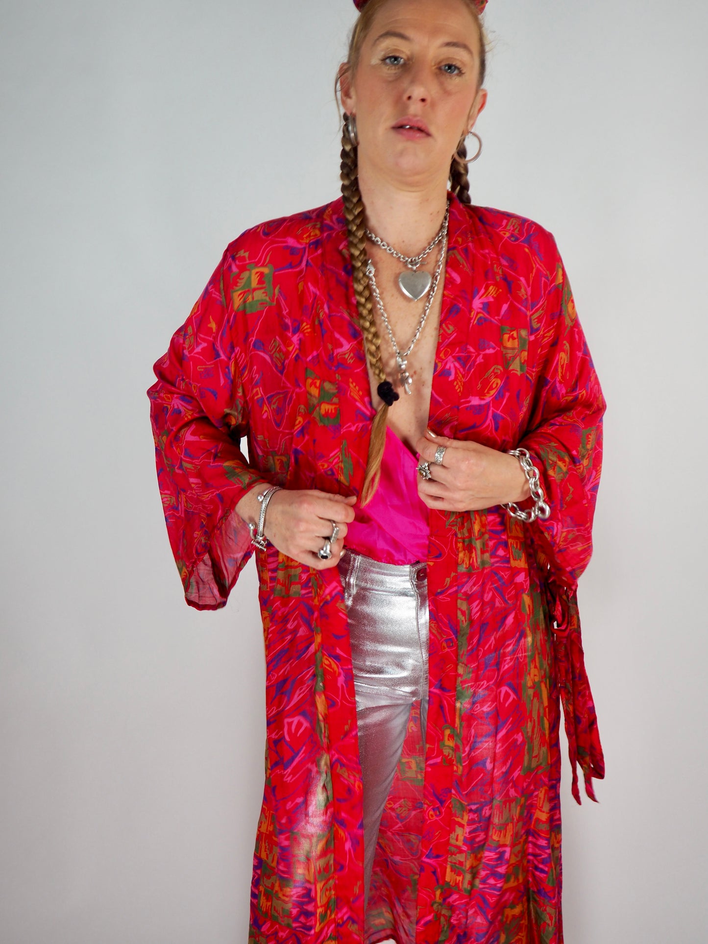 The Kardash Long Kimono – Up-cycled Vintage Sari long Kimono Robe with Waist Tie + Matching Scrunchy & Storage Bag