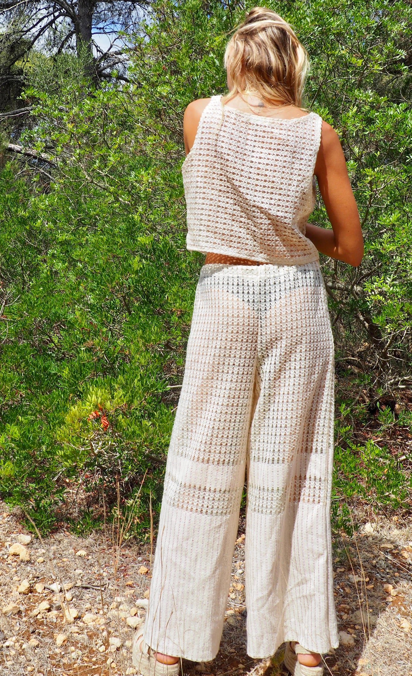 Up-cycled cream mesh woven shear crop top vest by Vagabond Ibiza