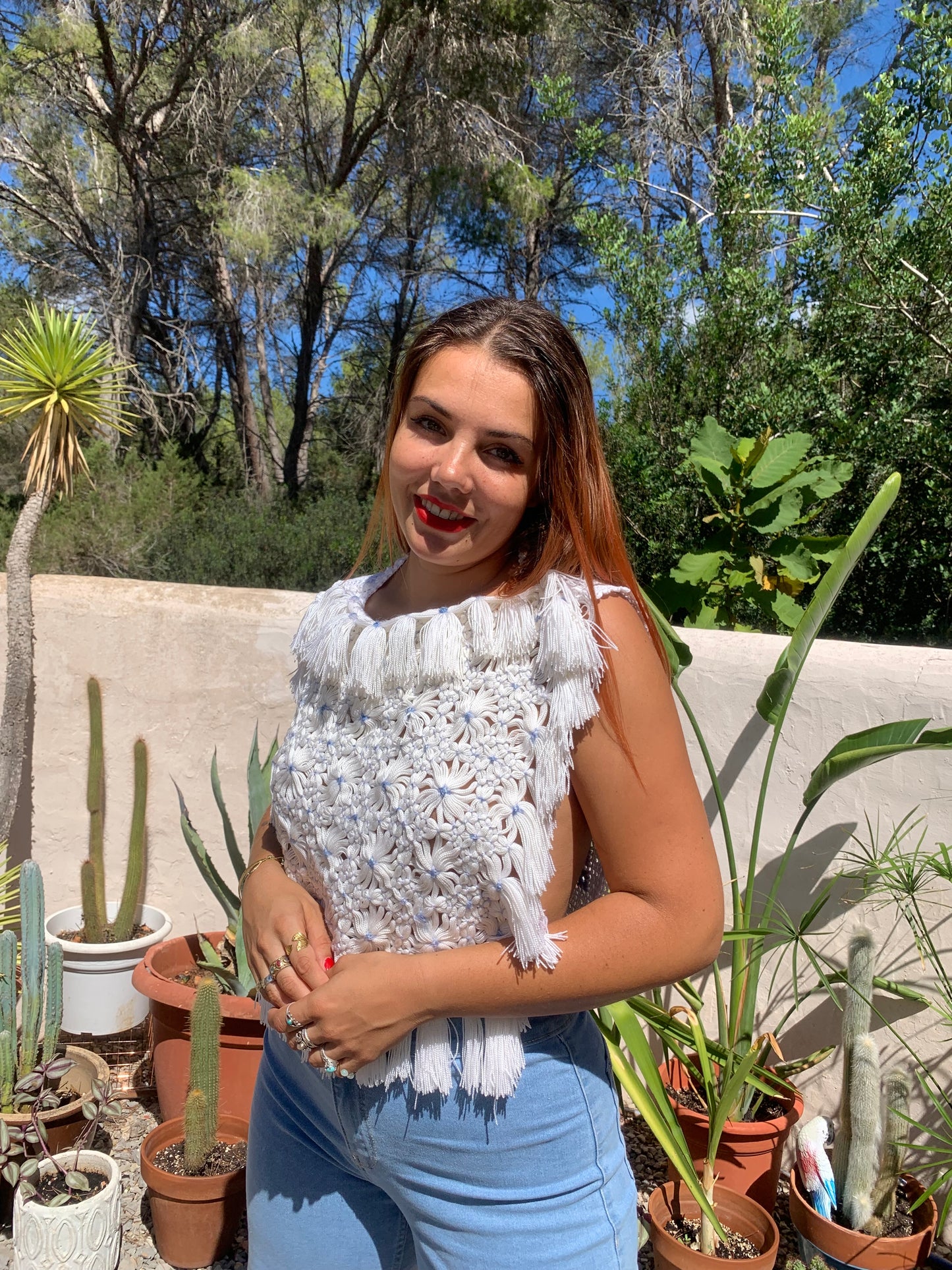 Reversals up-cycled white and baby blue crochet top by Vagabond Ibiza