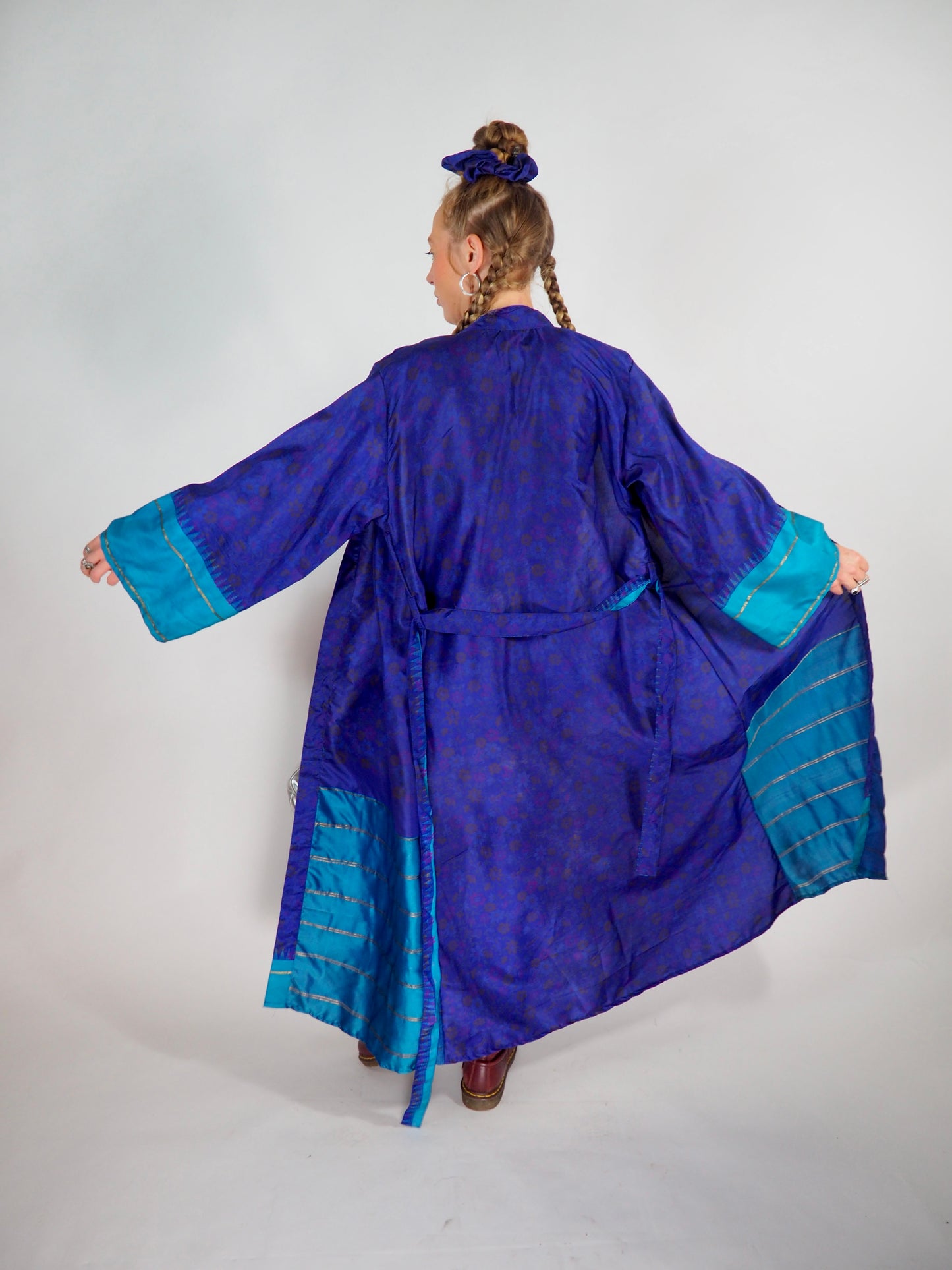 The Kardash Long Kimono – Up-cycled Vintage Sari long Kimono Robe with Waist Tie + Matching Scrunchy & Storage Bag