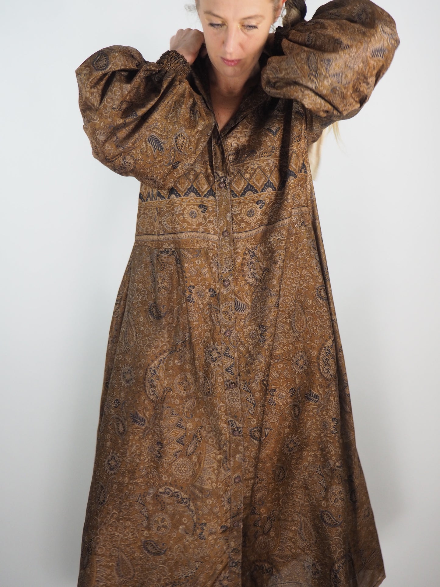 The Lenya Up-cycled Vintage Sari Dress – Sustainable Boho Dress with Oversized Sleeves Matching Scrunchy & Storage Bag*