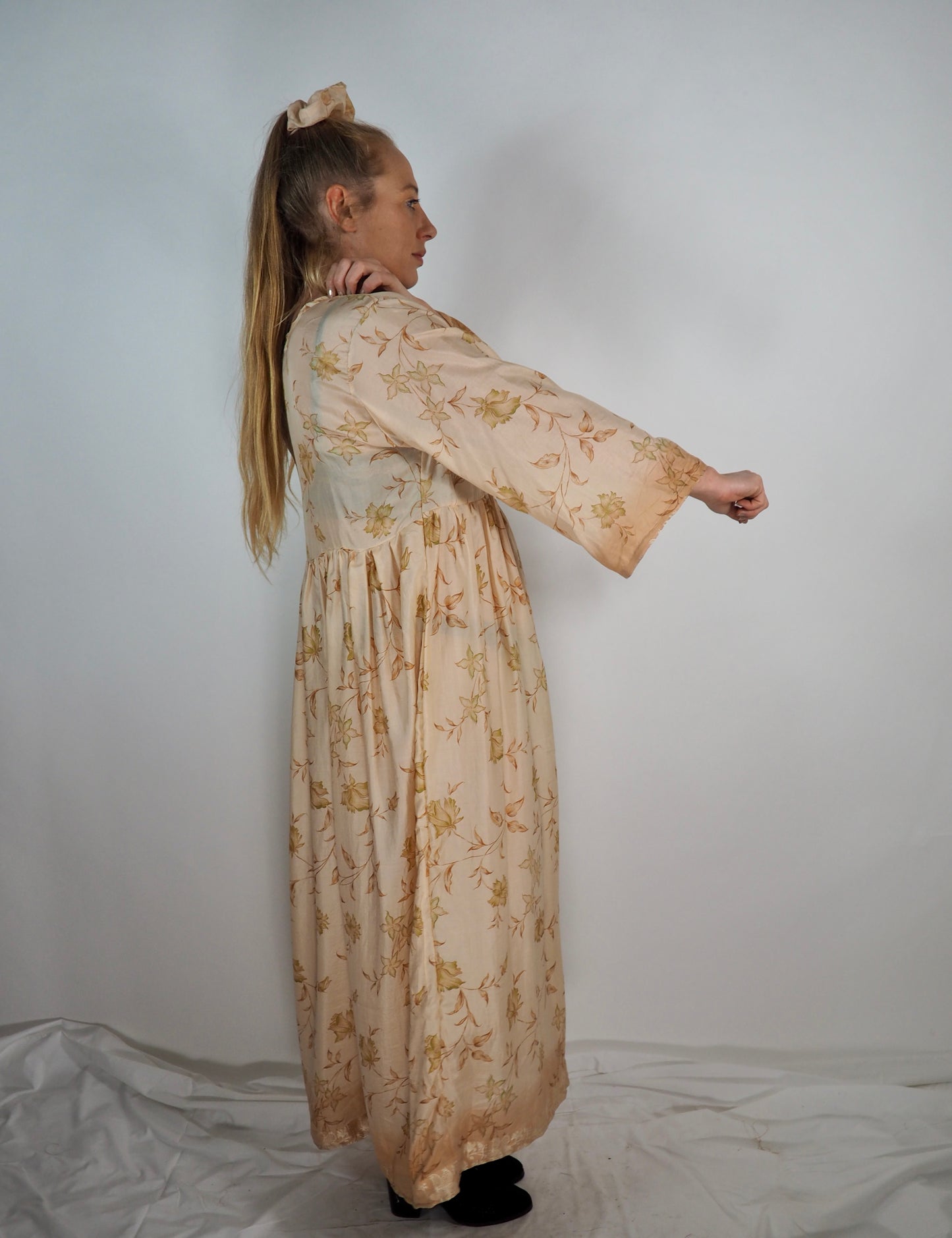 The Vadella Up-cycled Vintage Re-cycled Sari Maxi Dress – Sustainable Boho Dress with Tie Neck Detail + Matching Scrunchy & Bag