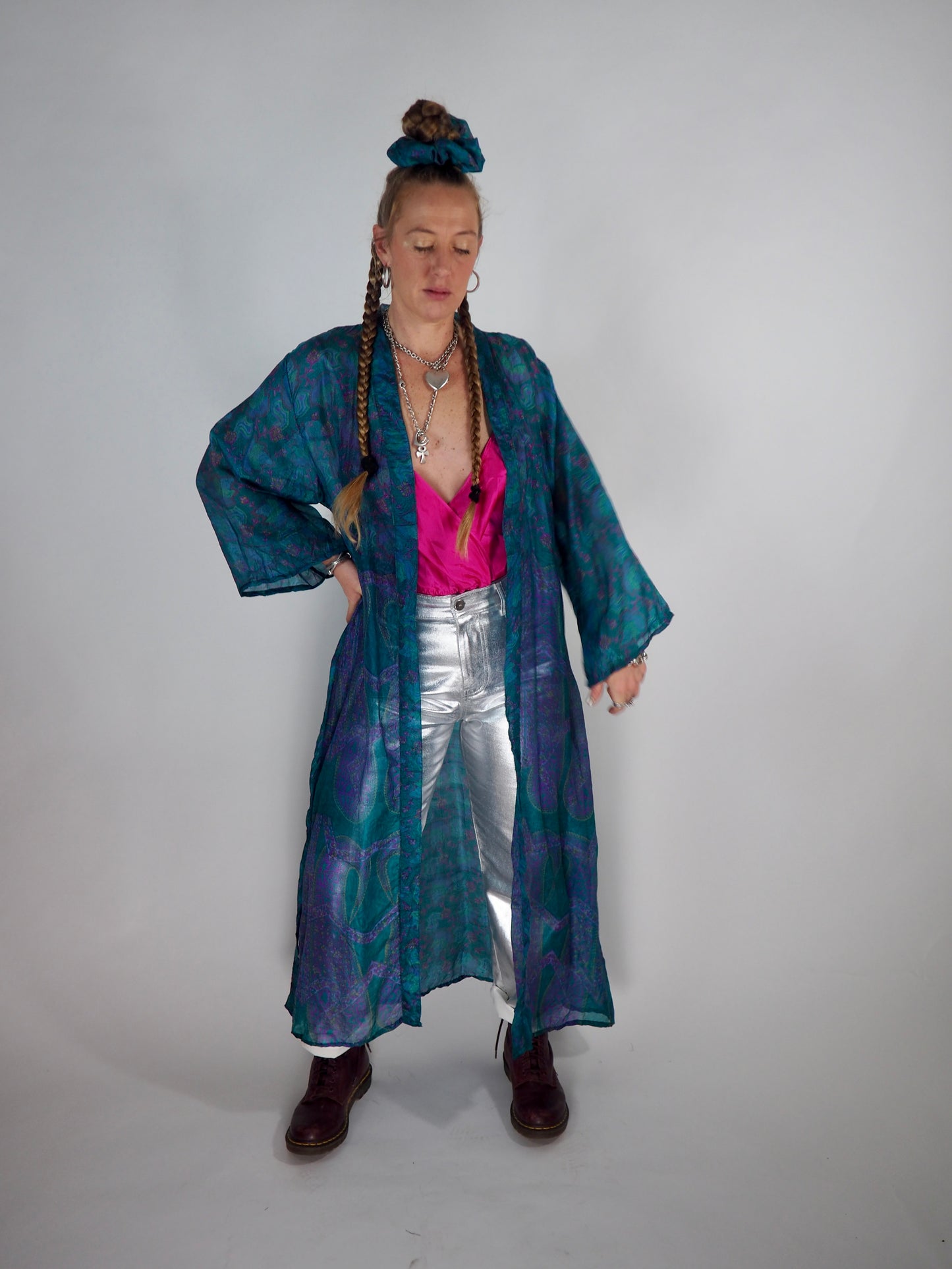 The Kardash Long Kimono – Up-cycled Vintage Sari long Kimono Robe with Waist Tie + Matching Scrunchy & Storage Bag