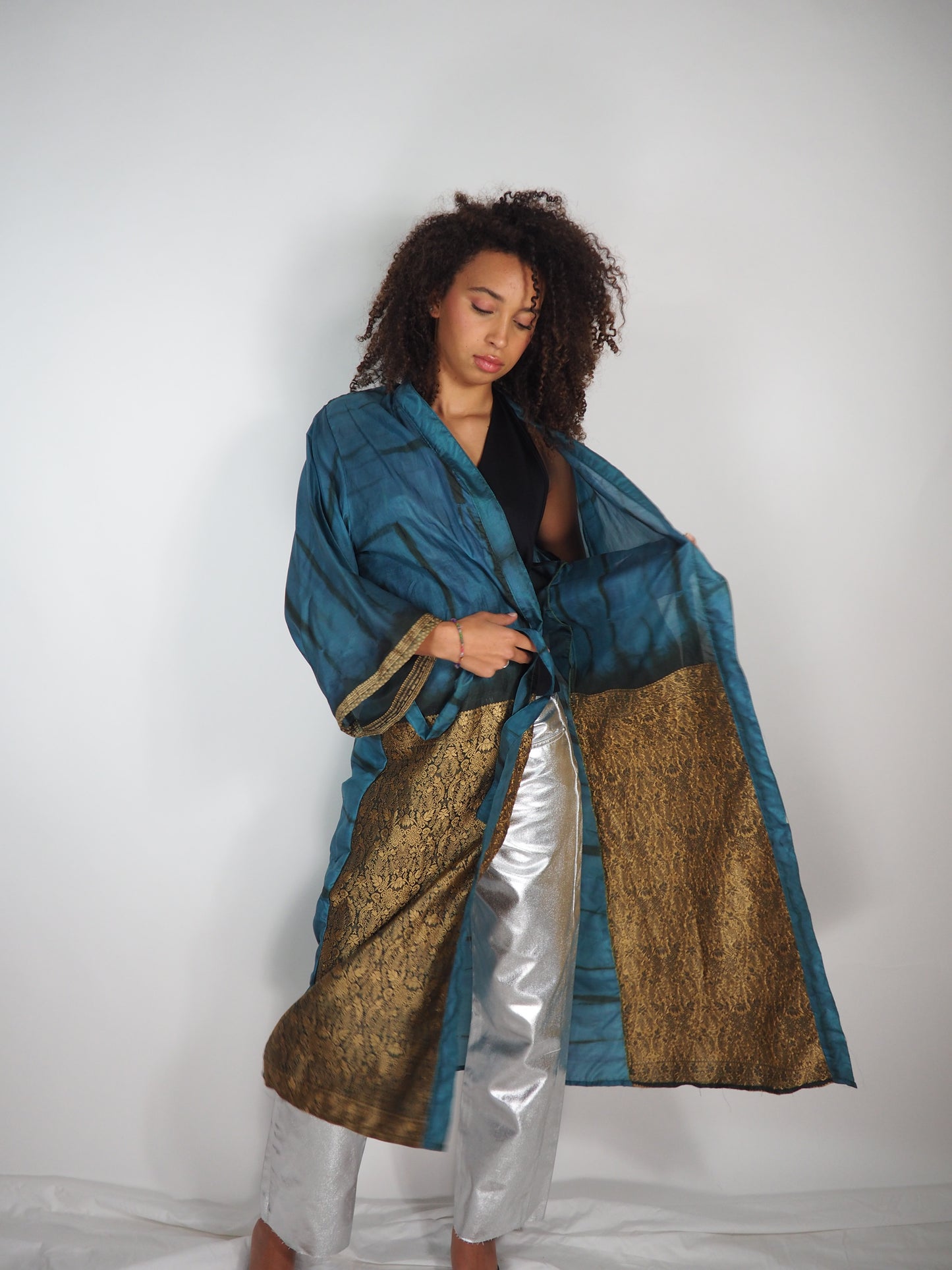 The Kardash Long Kimono – Up-cycled Vintage Sari long Kimono Robe with Waist Tie + Matching Scrunchy & Storage Bag