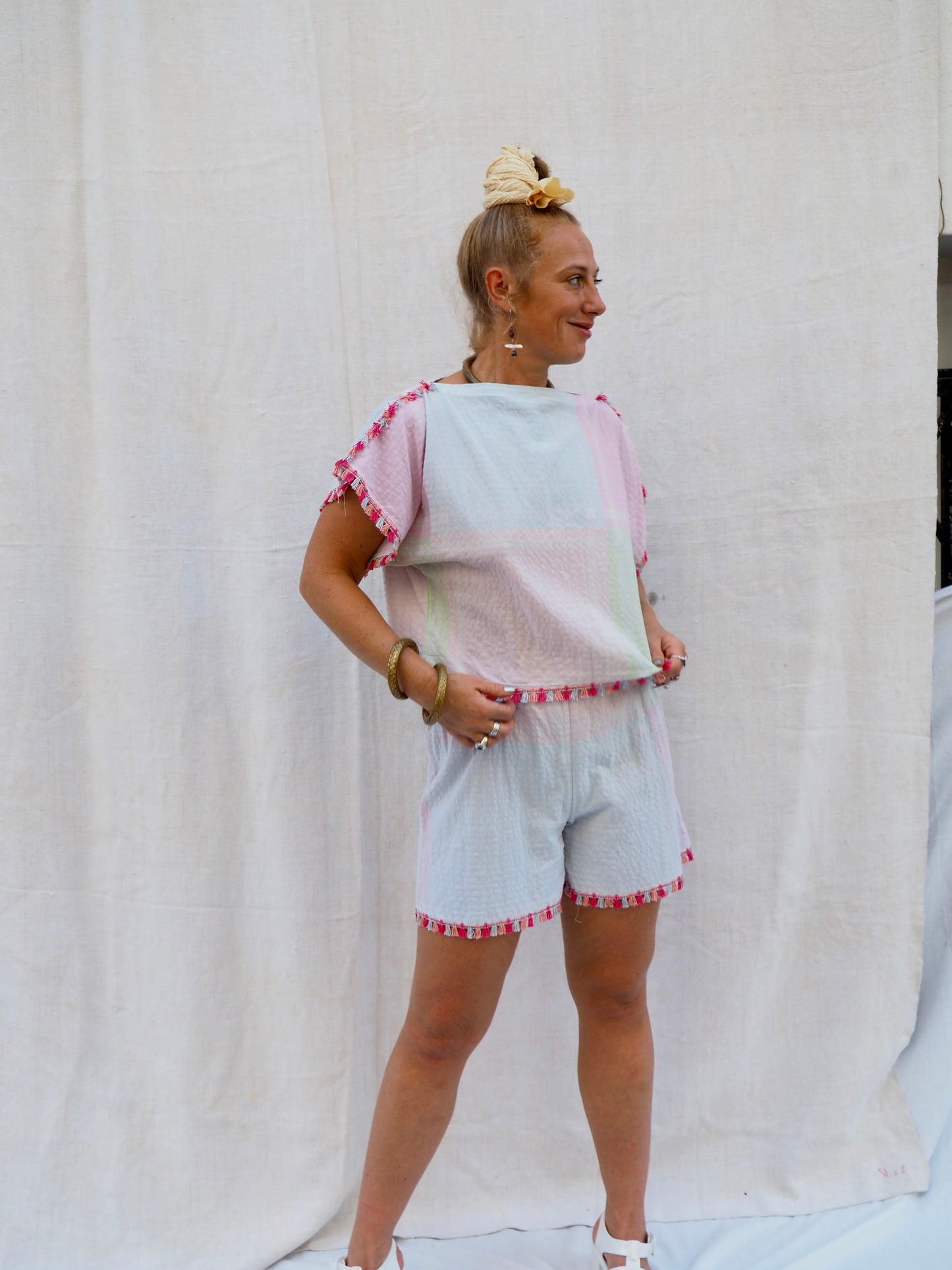 Up-cycled Vintage Cotton Two-Piece Set with Pom-Pom Trim – Handmade by Vagabond Ibiza