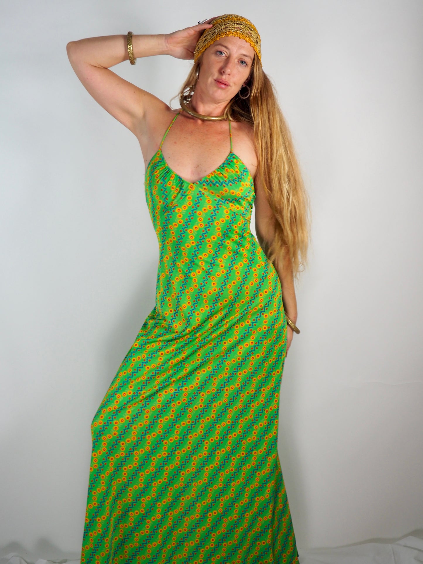 1970s Vintage Maxi Dress - Psychedelic Green Print