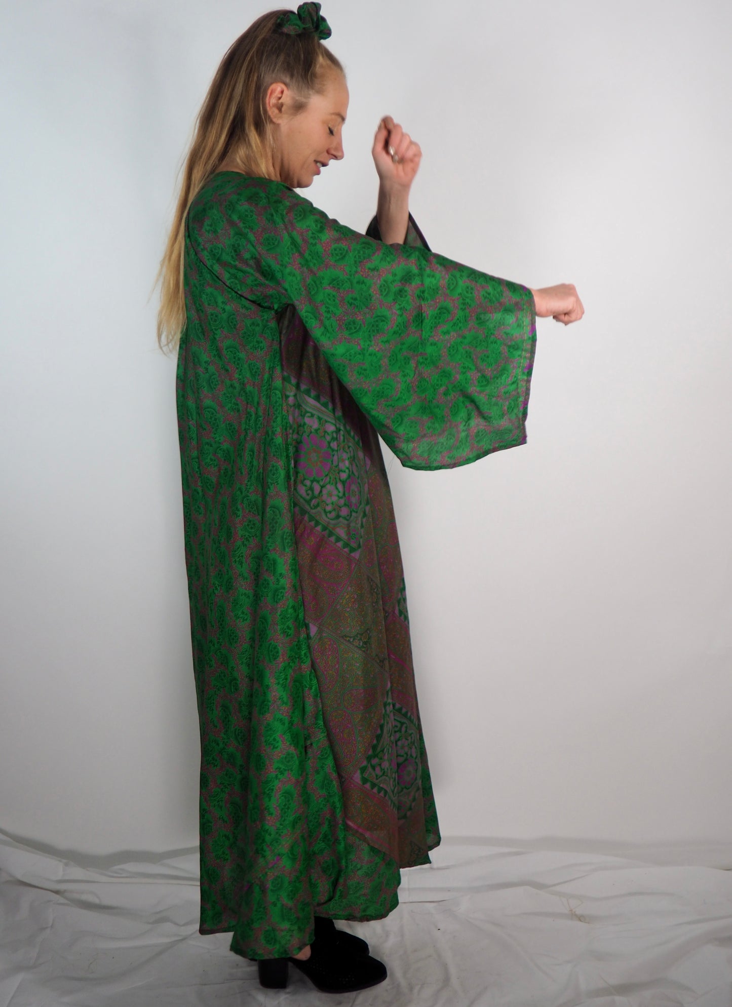 The Diamond Bias-Cut Maxi Dress – Up-cycled Vintage Sari Sustainable Dress with angel Sleeves + Matching Scrunchy & Bag