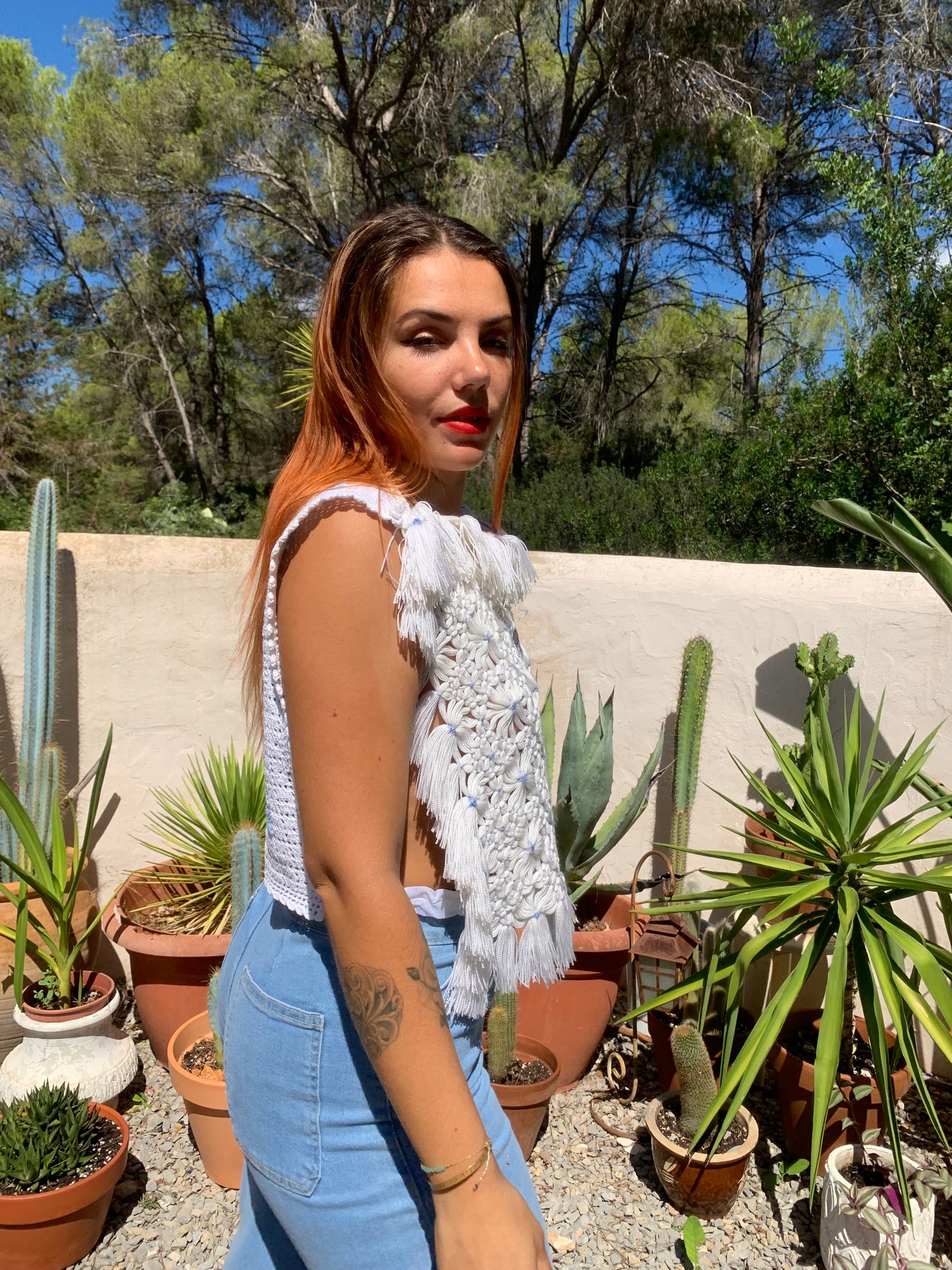 Reversals up-cycled white and baby blue crochet top by Vagabond Ibiza