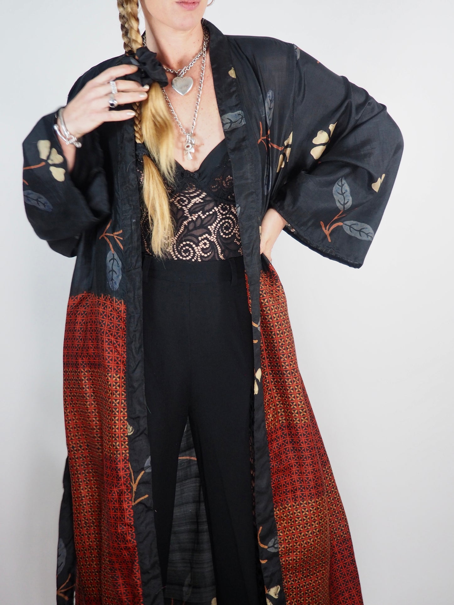 The Kardash Long Kimono – Up-cycled Vintage Sari long Kimono Robe with Waist Tie + Matching Scrunchy & Storage Bag