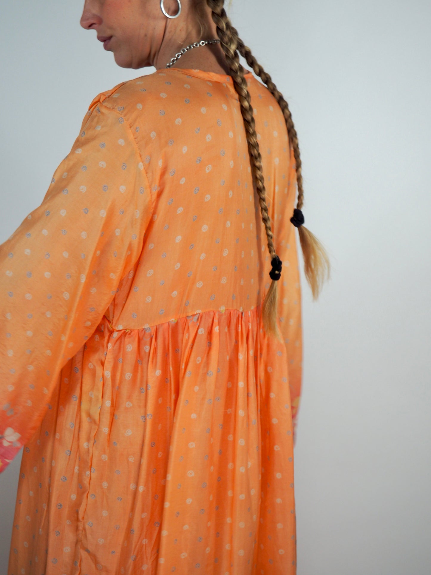 The Vadella Up-cycled Vintage Re-cycled Sari Maxi Dress – Sustainable Boho Dress with Tie Neck Detail + Matching Scrunchy & Bag