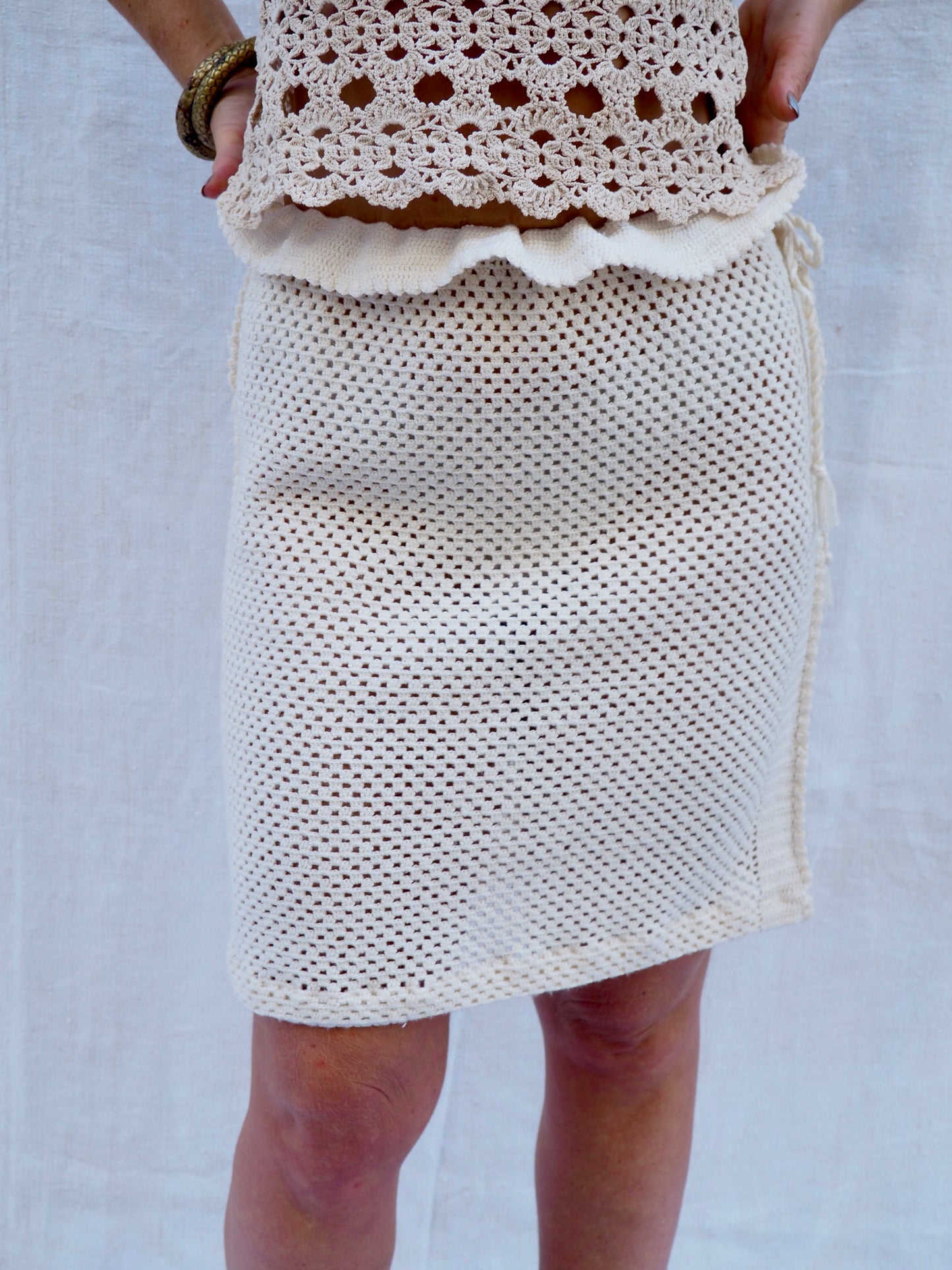 Up-cycled Vintage 1970s Crochet Skirt with Drawstring Waist – Handmade by Vagabond Ibiza