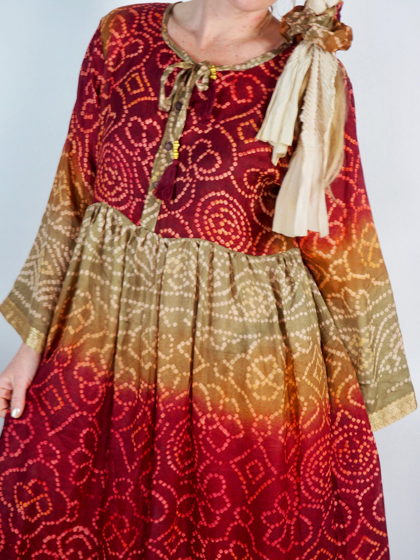 The Vadella Up-cycled Vintage Re-cycled Sari Maxi Dress – Sustainable Boho Dress with Tie Neck Detail + Matching Scrunchy & Bag