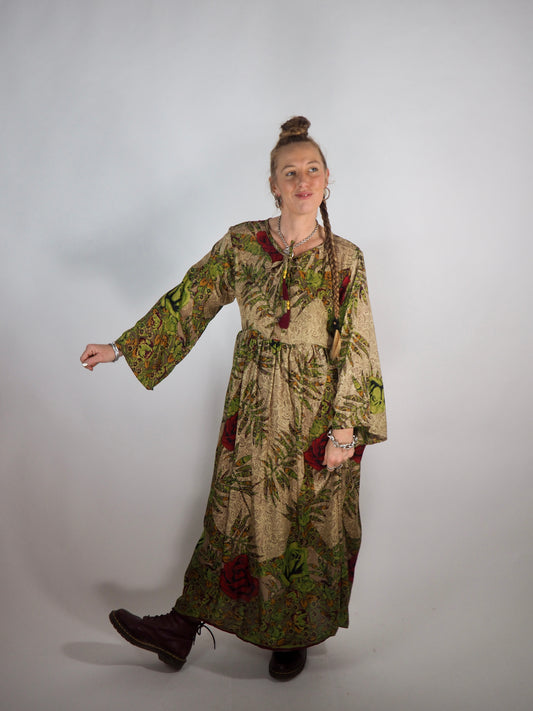 The Vadella Up-cycled Vintage Re-cycled Sari Maxi Dress – Sustainable Boho Dress with Tie Neck Detail + Matching Scrunchy & Bag