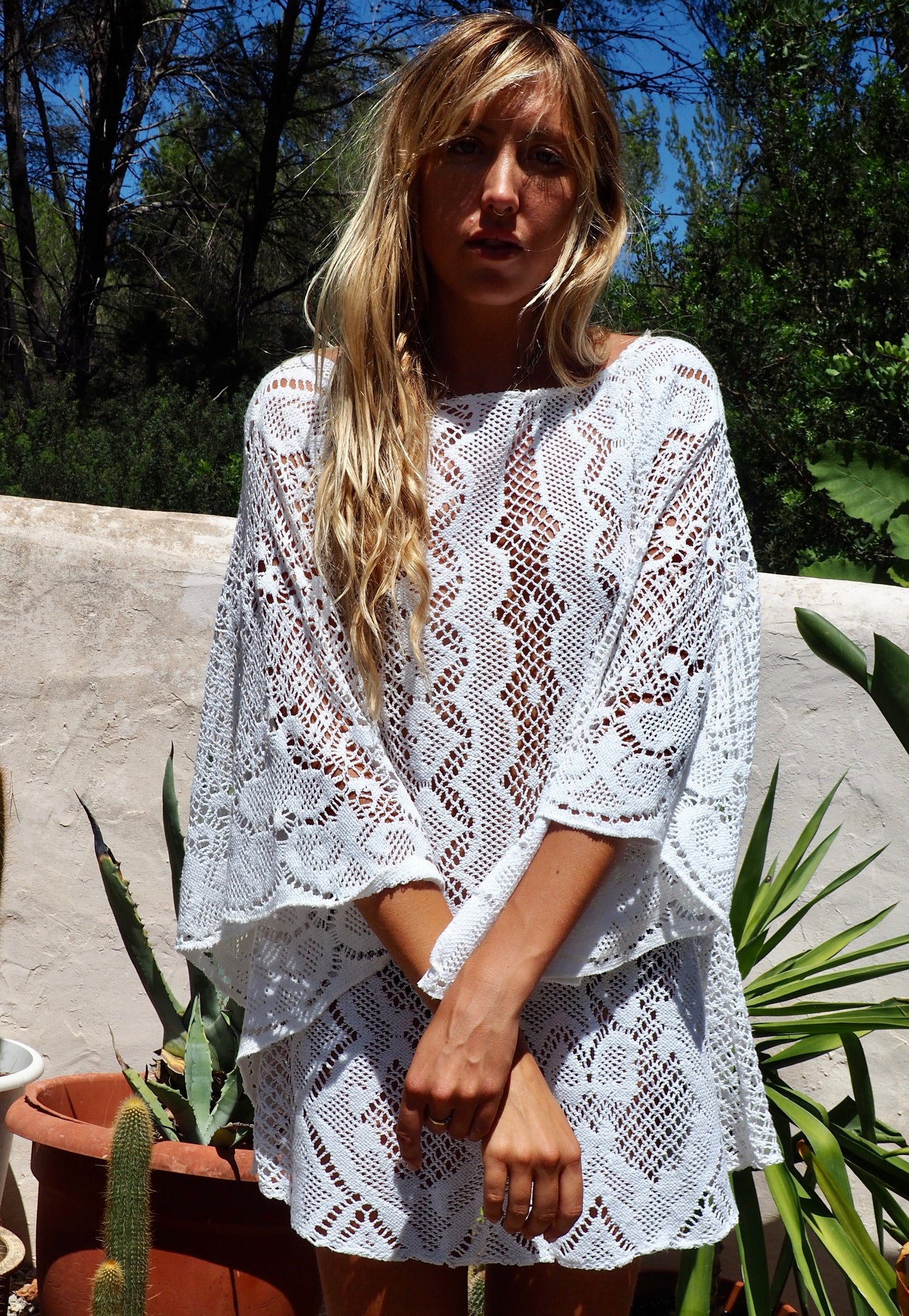 White vintage crochet bell sleeve shirt dress up-cycled by Vagabond Ibiza