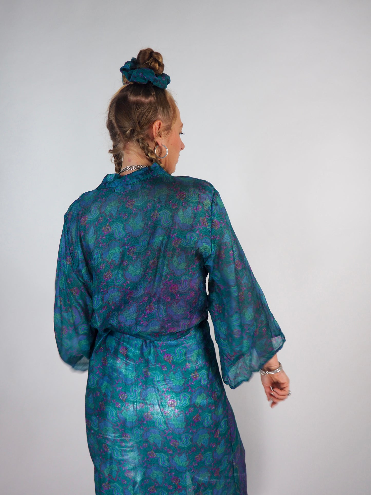 The Kardash Long Kimono – Up-cycled Vintage Sari long Kimono Robe with Waist Tie + Matching Scrunchy & Storage Bag