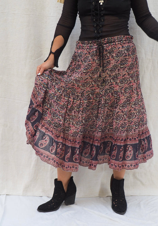 Vintage 1970s Indian Block Printed Cotton Gauze Skirt – Super Fine Cotton, Adjustable Free Size with Drawstring Bells