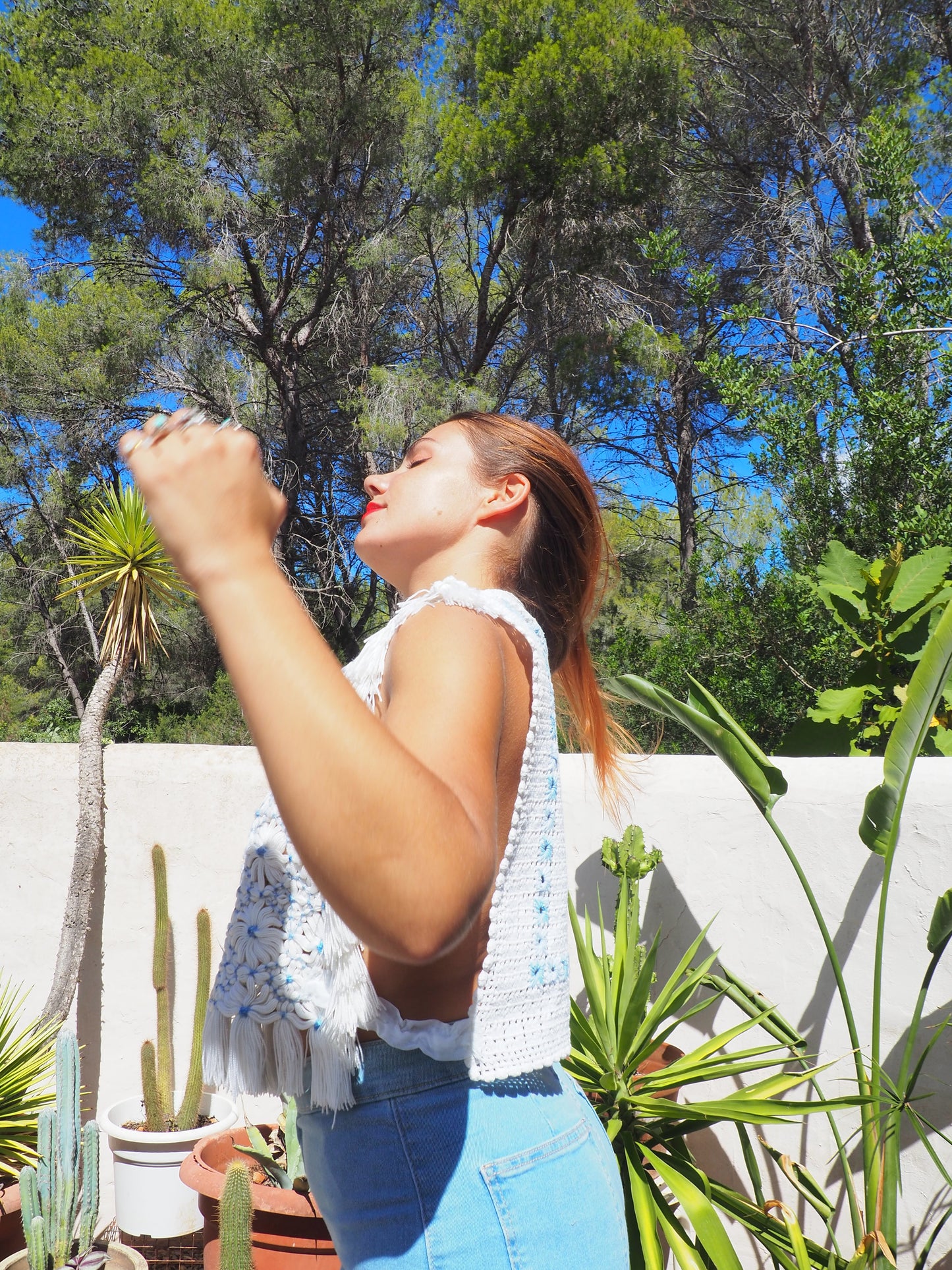 Reversals up-cycled white and baby blue crochet top by Vagabond Ibiza