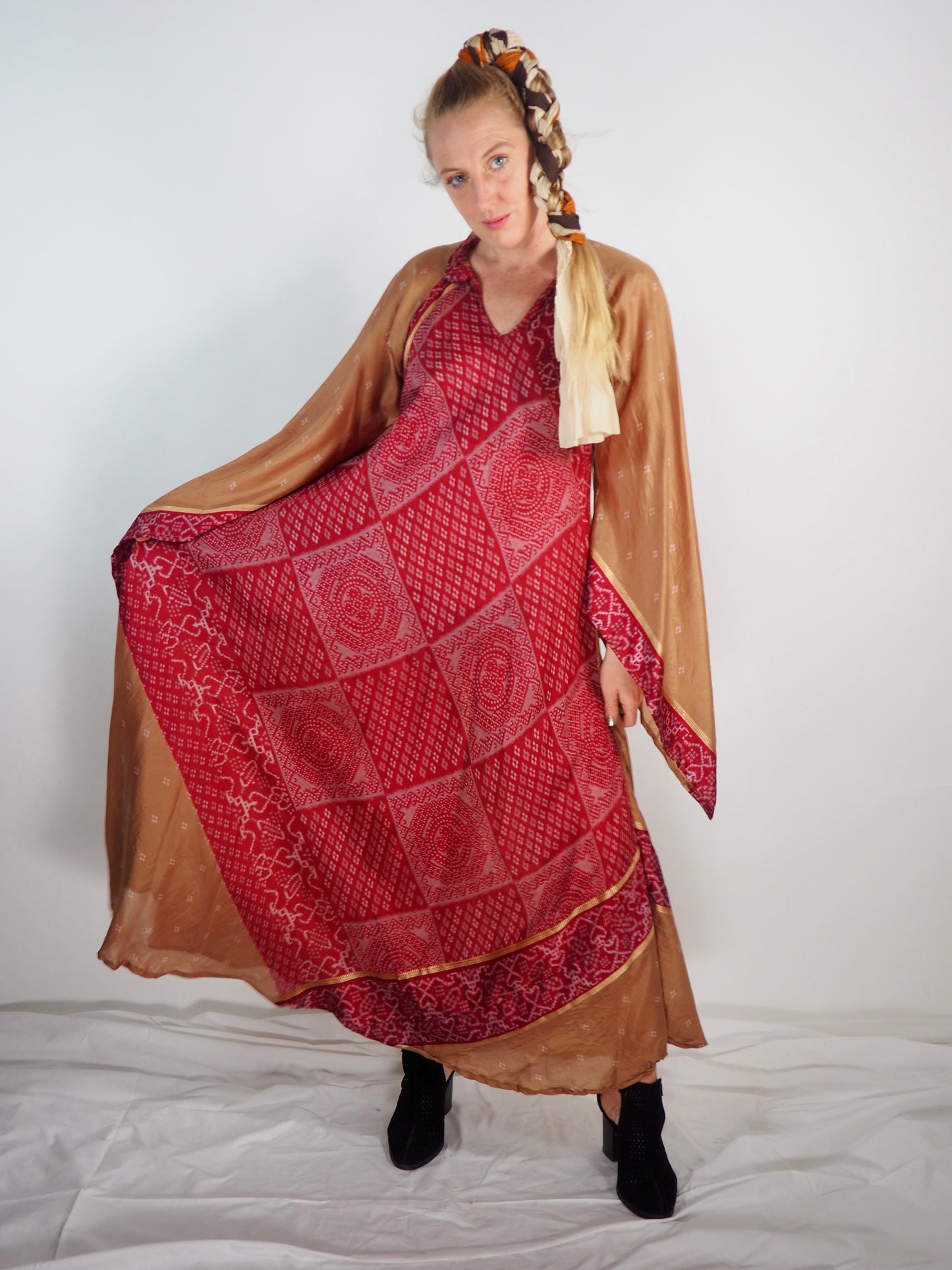 The Diamond Bias-Cut Maxi Dress – Up-cycled Vintage Sari Sustainable Dress with angel Sleeves + Matching Scrunchy & Bag