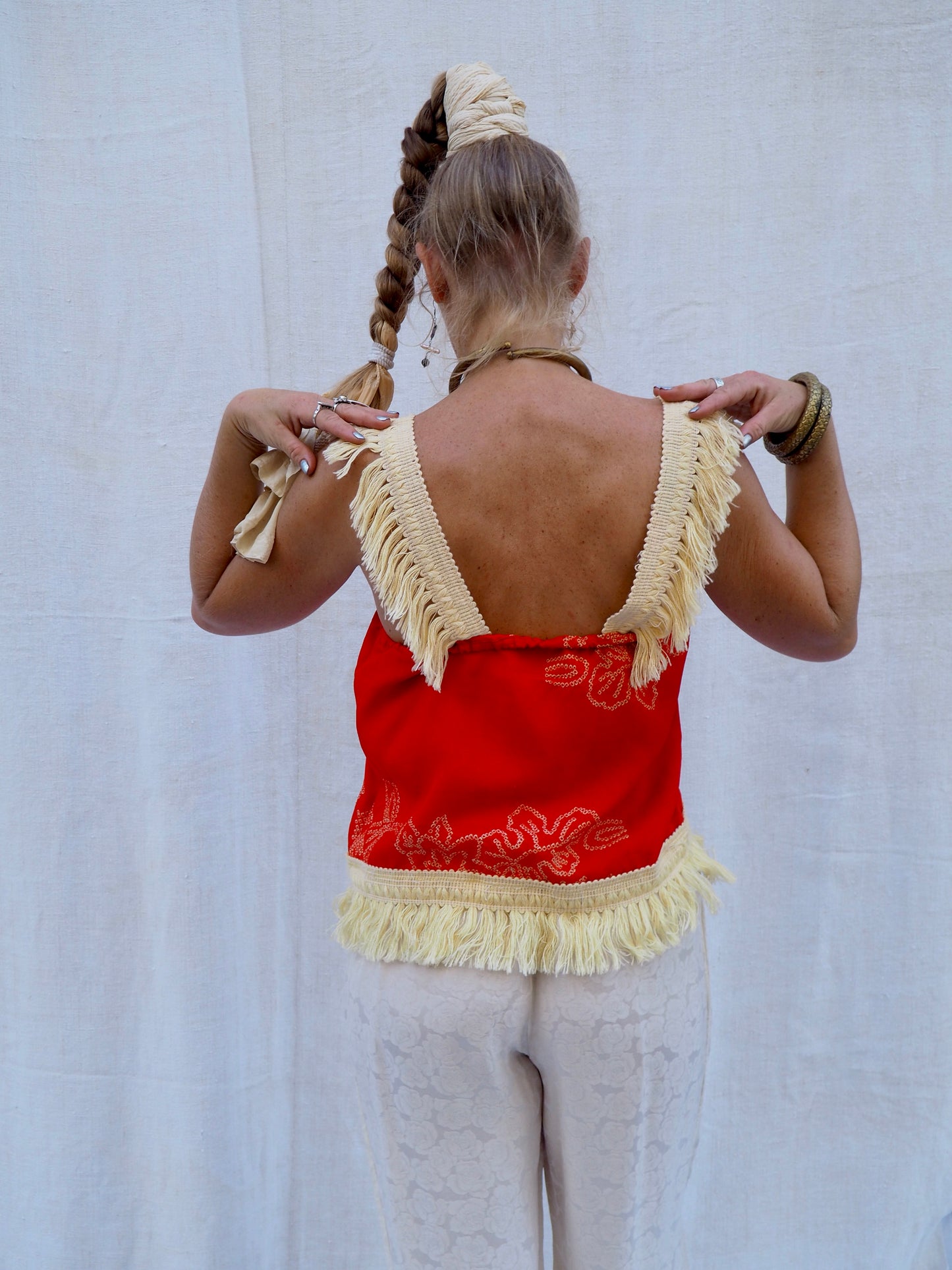 Up-cycled Vintage Silk Kimono Top with Fringed Trim – Handmade Bohemian Style