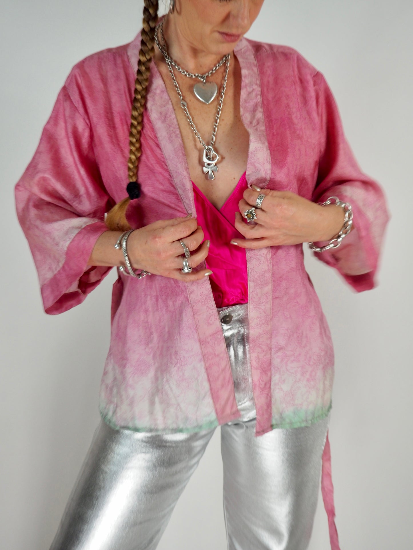 The Kardash Short Kimono – Vintage Re-cycled Sari Kimono Jacket with Waist Tie + Matching Scrunchy & Storage Bag