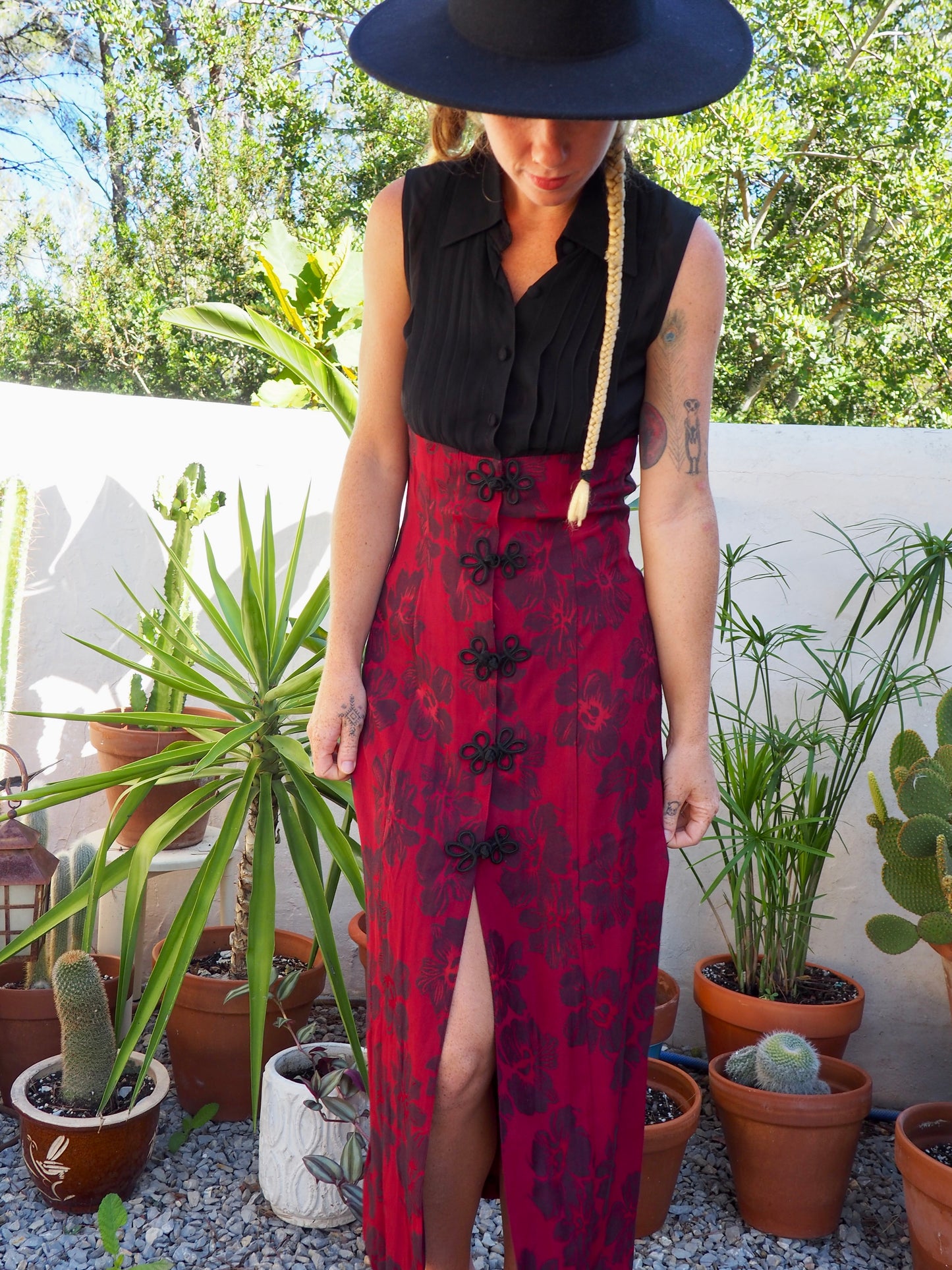 Vintage Chinese printed red and black dress super cool big button fastening details