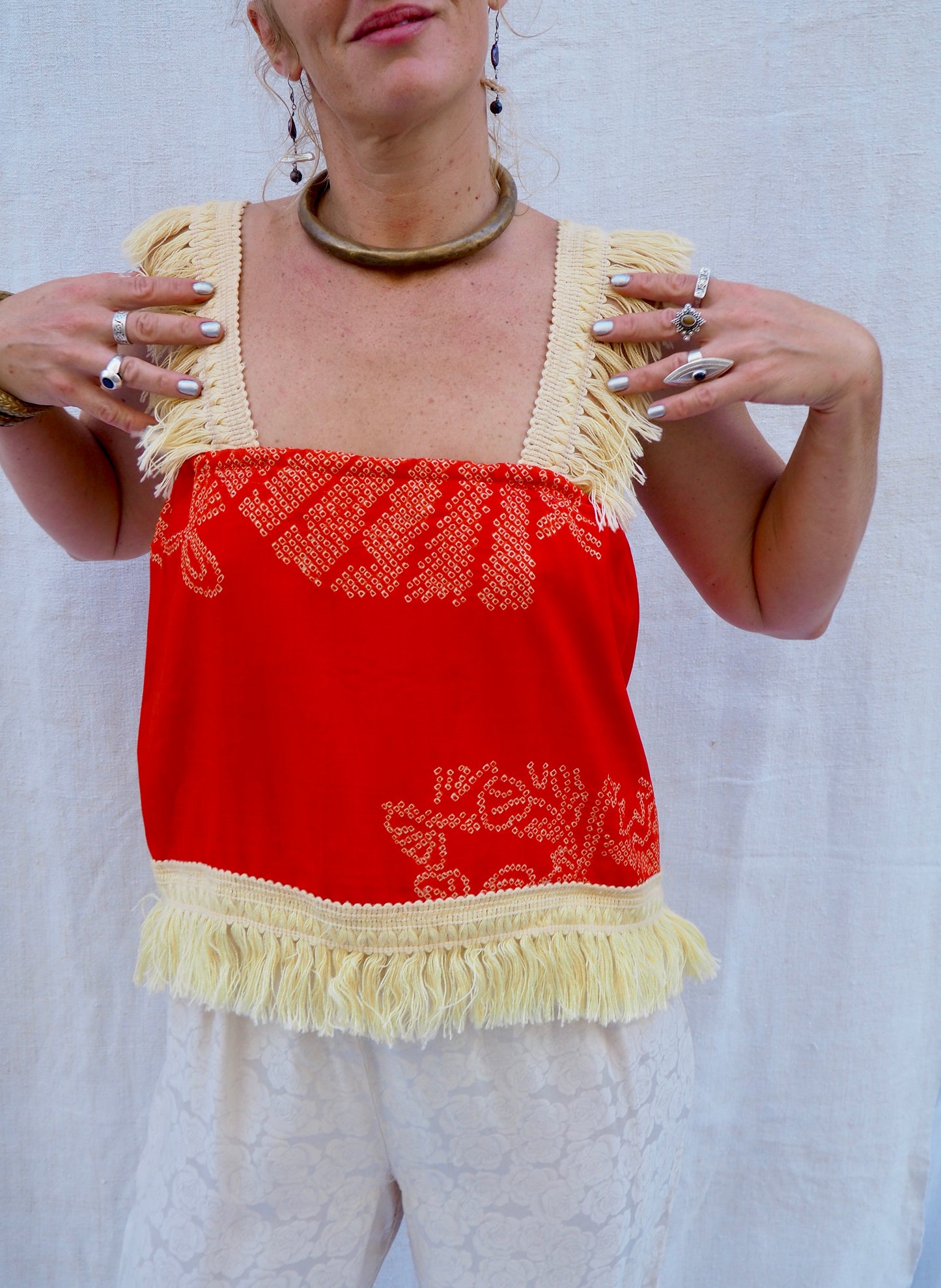 Up-cycled Vintage Silk Kimono Top with Fringed Trim – Handmade Bohemian Style