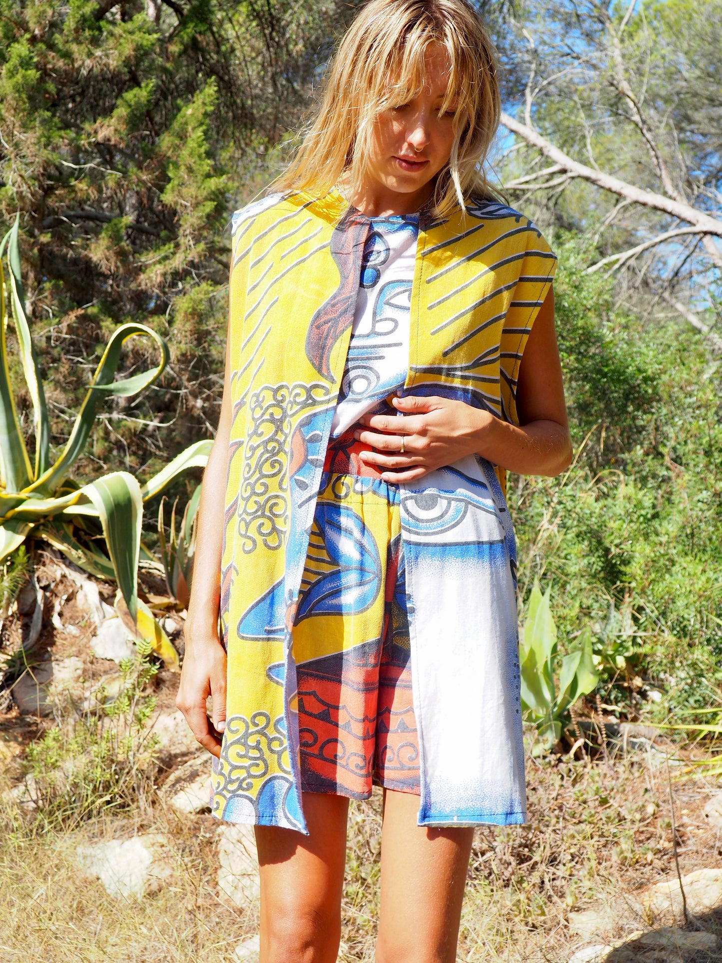 Up-cycled cotton funky bright colourful printed long waistcoat by Vagabond Ibiza